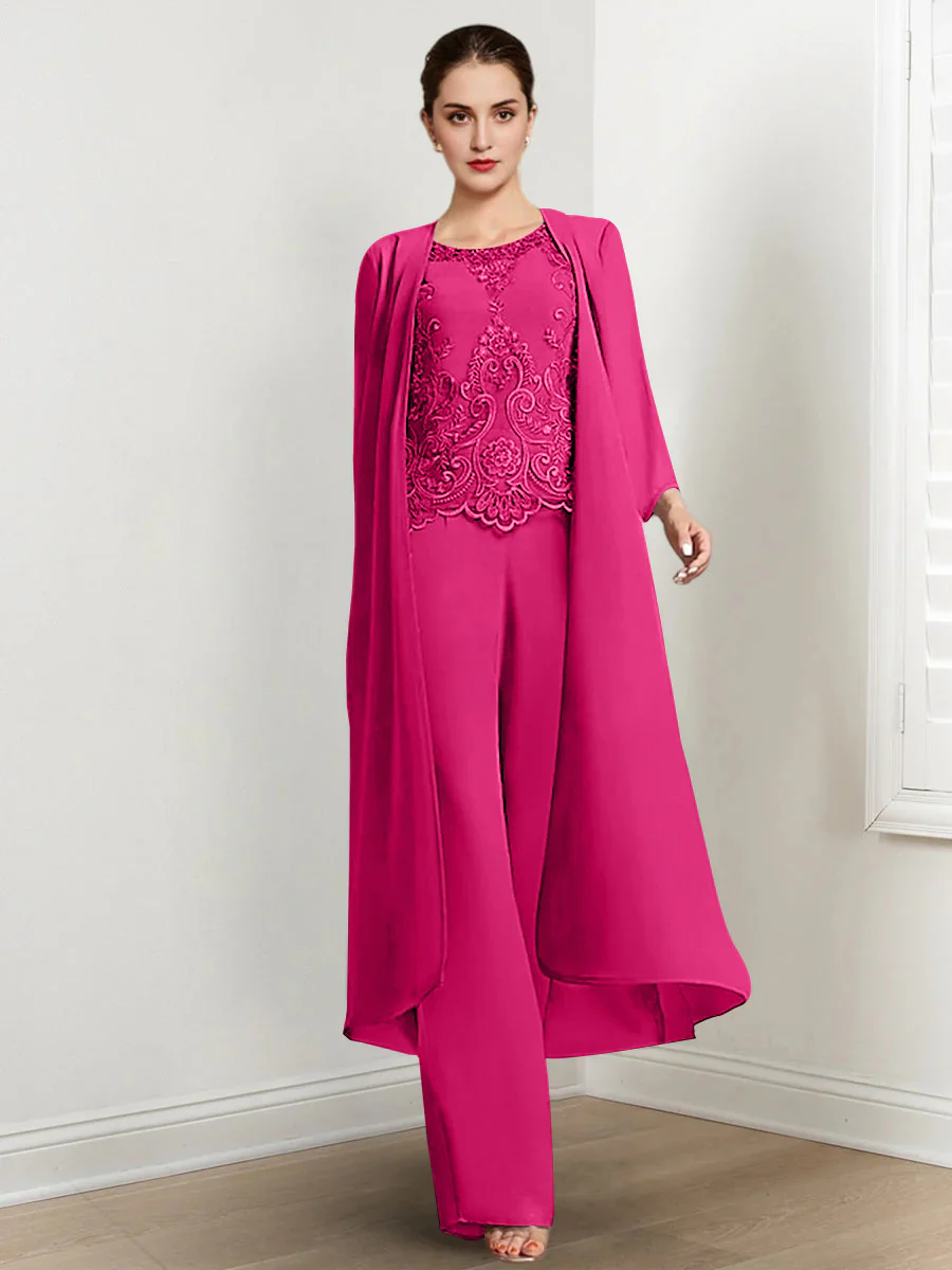 Chiffon Round Neck Floor-Length Mother Of The Bride Pantsuits With Jacket & Applique - Image 26