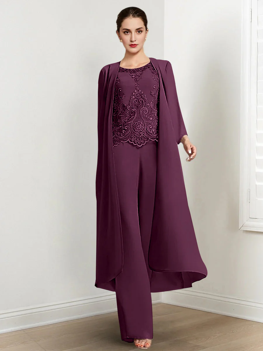Chiffon Round Neck Floor-Length Mother Of The Bride Pantsuits With Jacket & Applique - Image 28