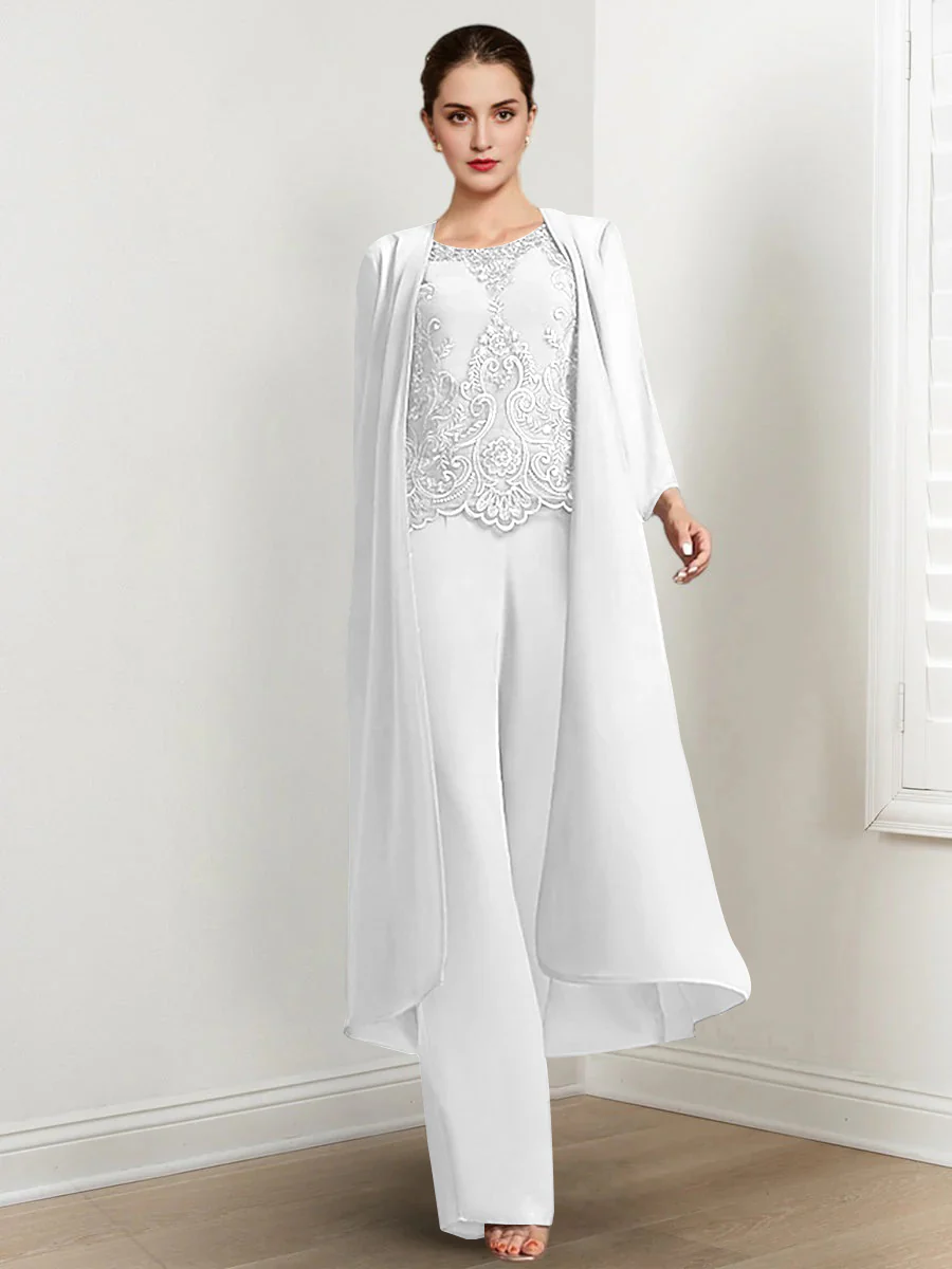 Chiffon Round Neck Floor-Length Mother Of The Bride Pantsuits With Jacket & Applique - Image 53