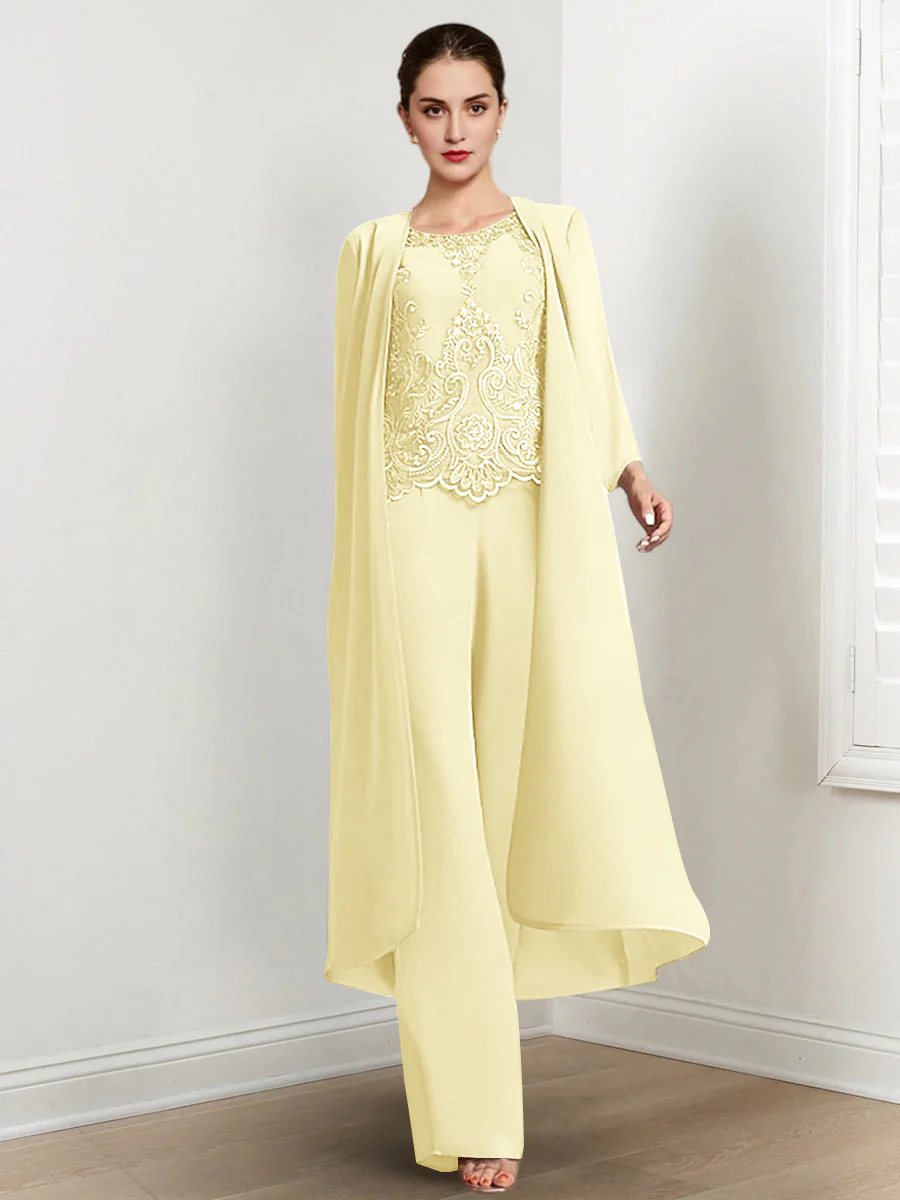Chiffon Round Neck Floor-Length Mother Of The Bride Pantsuits With Jacket & Applique - Image 55