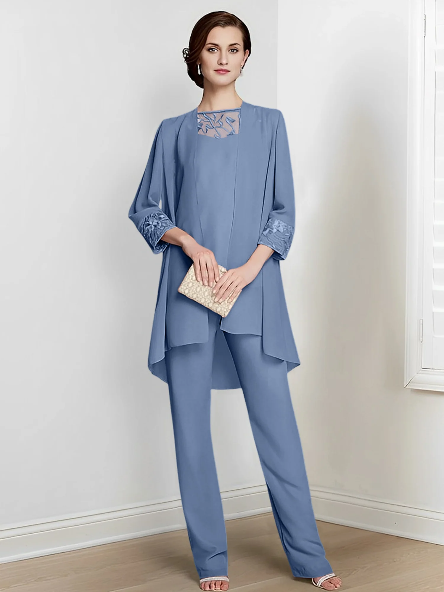 Chiffon Square Neck Long Sleeves Floor-Length Mother Of The Bride Pantsuits With Jacket - Image 10