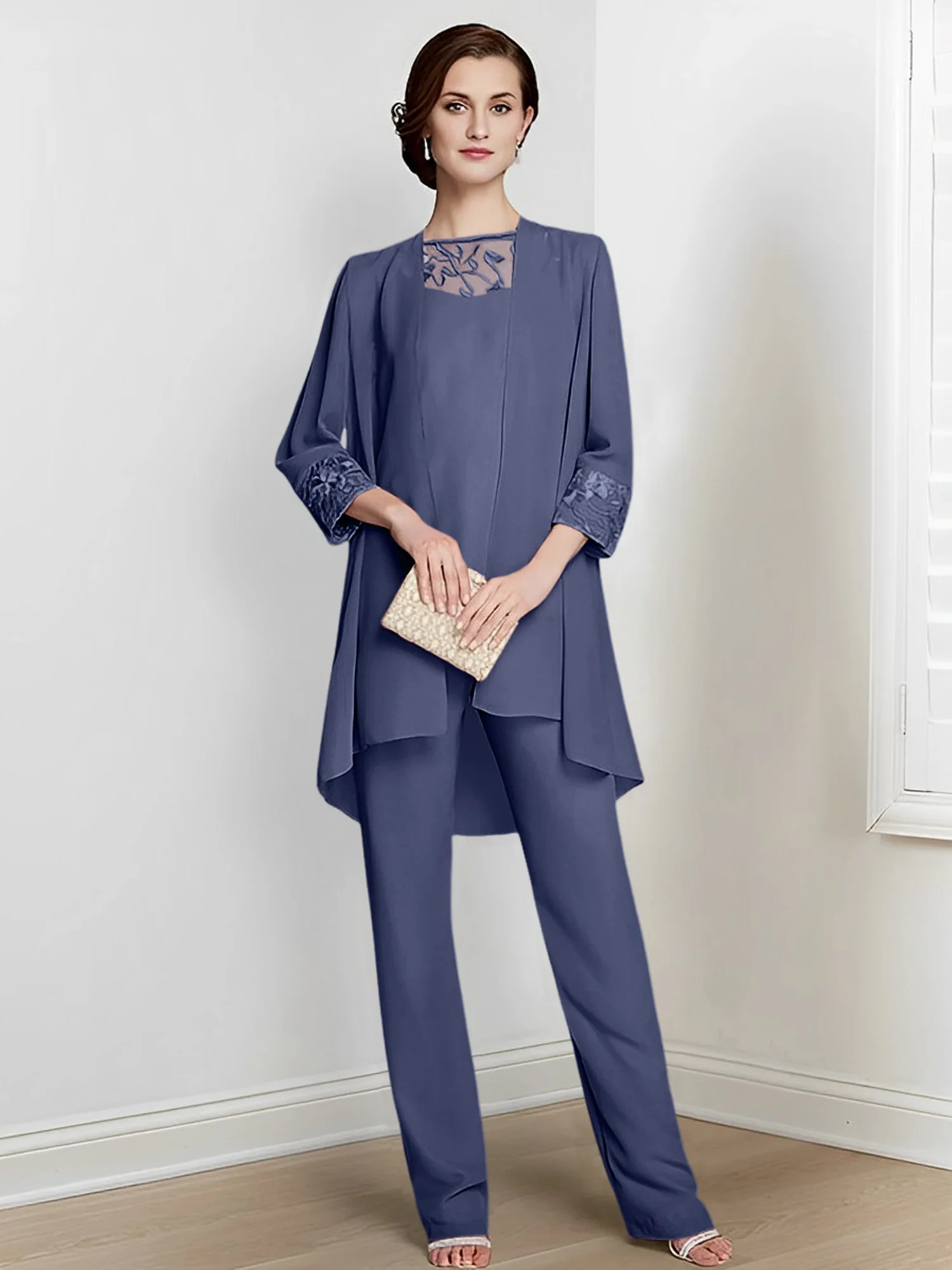 Chiffon Square Neck Long Sleeves Floor-Length Mother Of The Bride Pantsuits With Jacket - Image 13