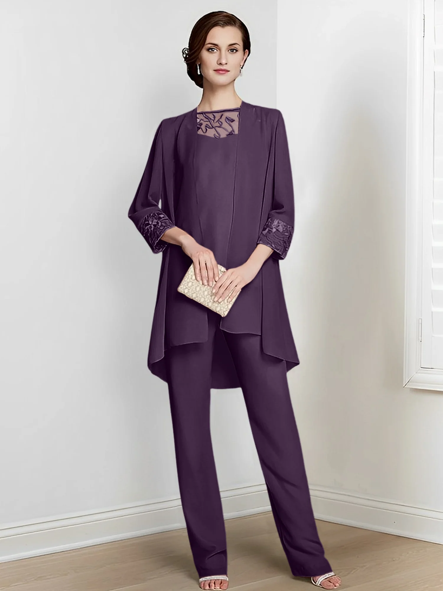 Chiffon Square Neck Long Sleeves Floor-Length Mother Of The Bride Pantsuits With Jacket - Image 15