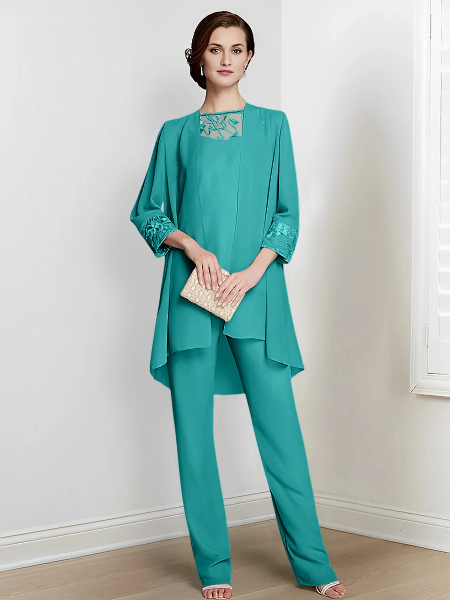 Chiffon Square Neck Long Sleeves Floor-Length Mother Of The Bride Pantsuits With Jacket - Image 19