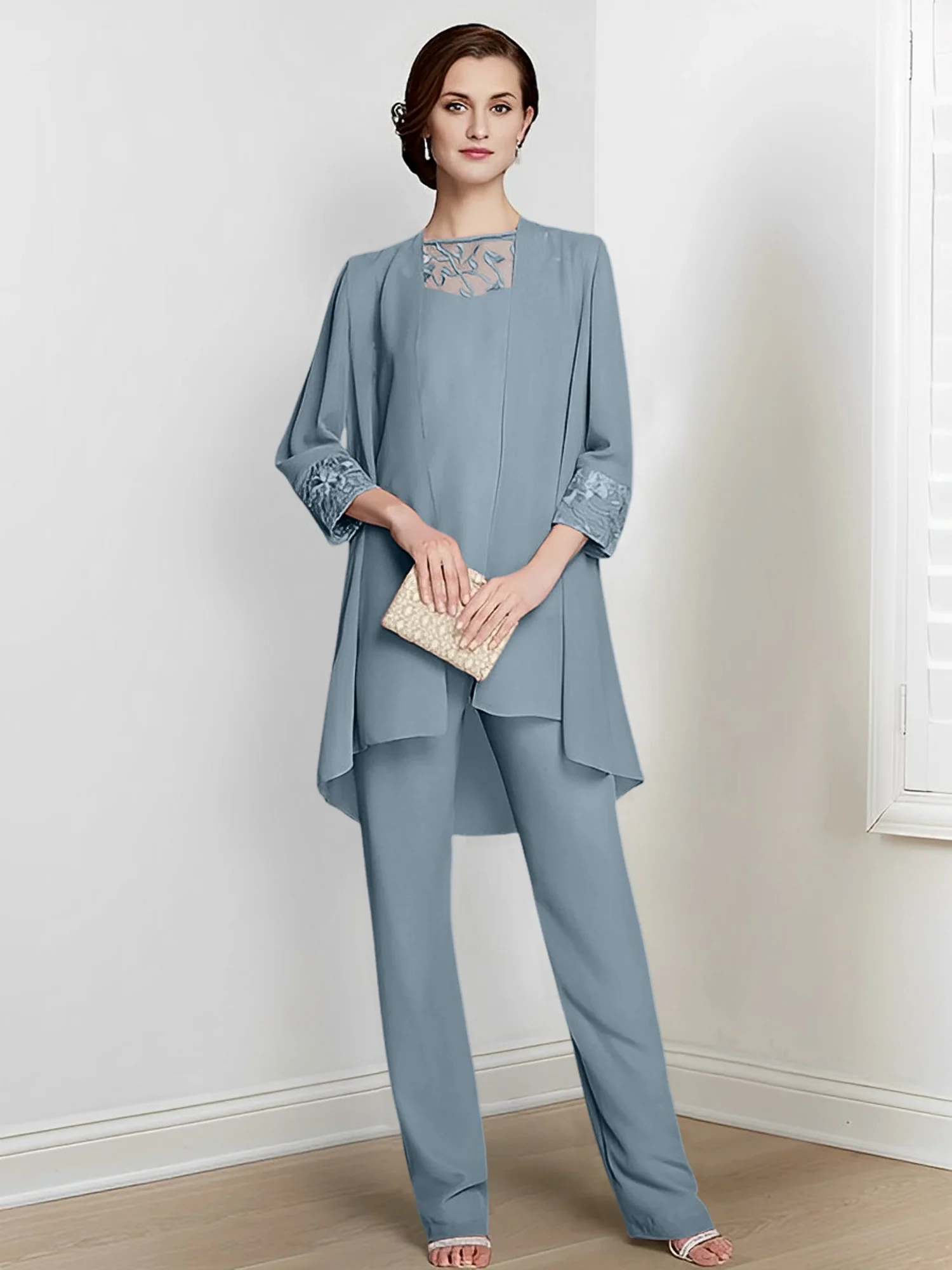 Chiffon Square Neck Long Sleeves Floor-Length Mother Of The Bride Pantsuits With Jacket - Image 30