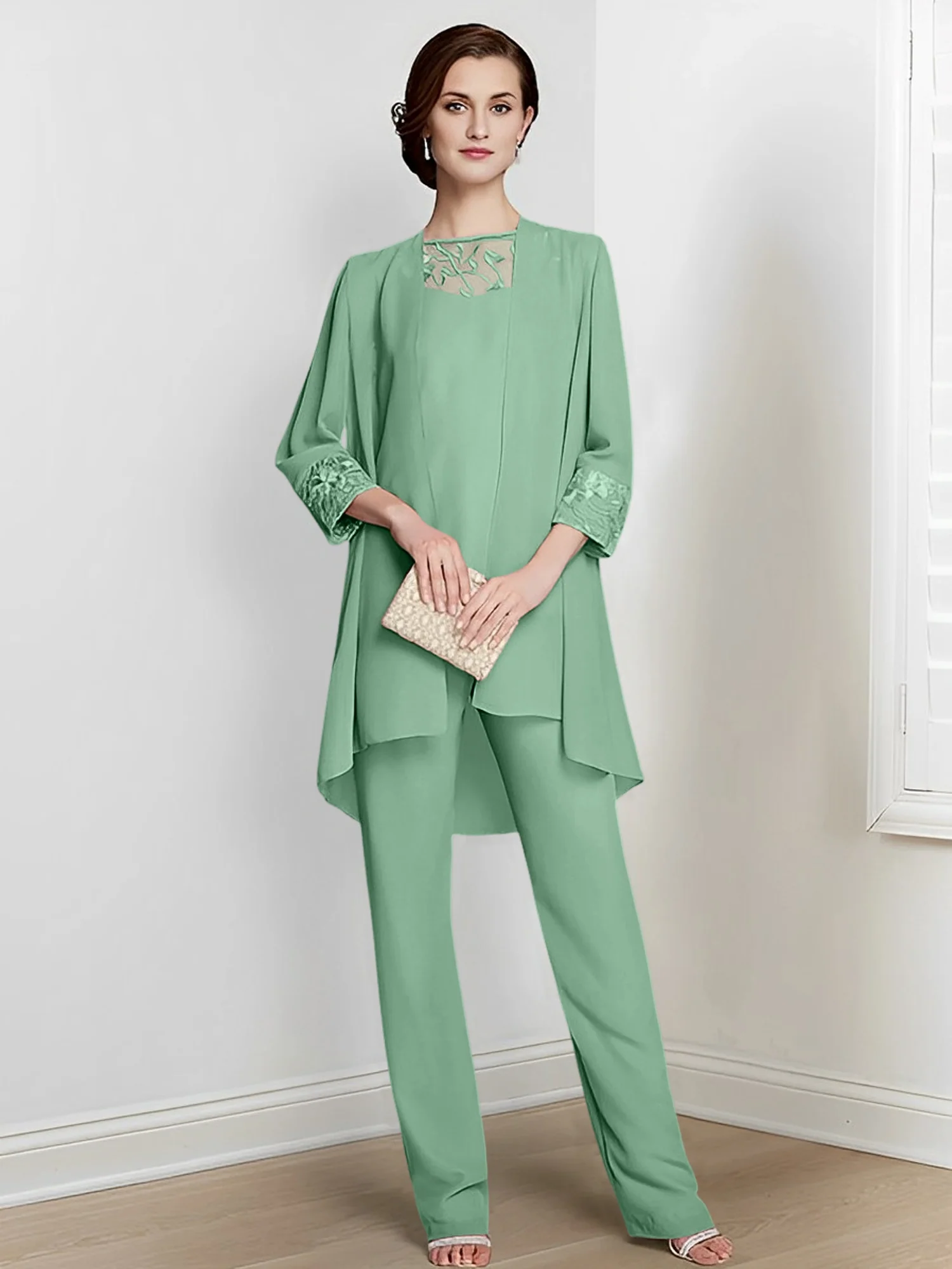Chiffon Square Neck Long Sleeves Floor-Length Mother Of The Bride Pantsuits With Jacket - Image 36