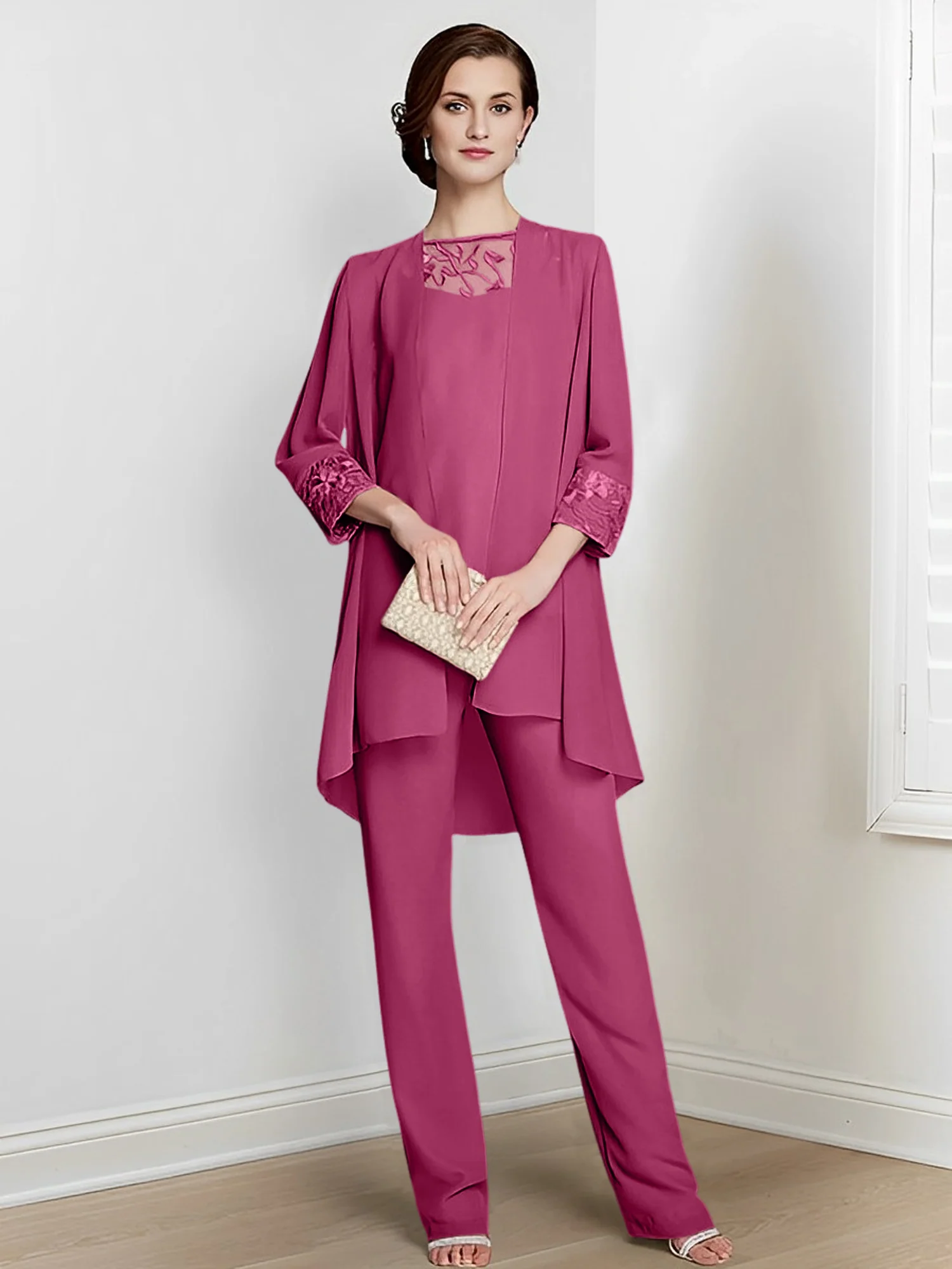 Chiffon Square Neck Long Sleeves Floor-Length Mother Of The Bride Pantsuits With Jacket - Image 37