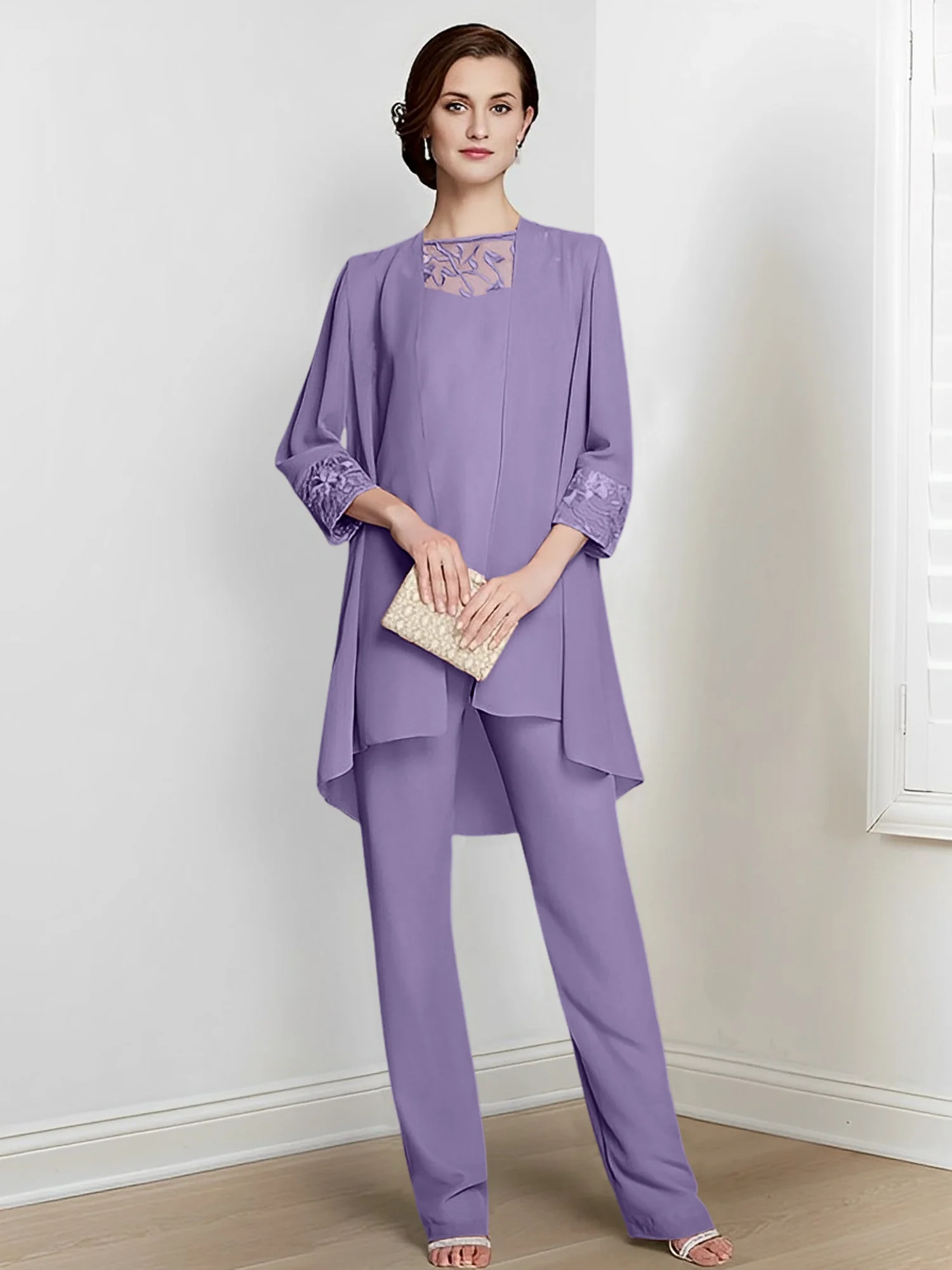 Chiffon Square Neck Long Sleeves Floor-Length Mother Of The Bride Pantsuits With Jacket - Image 49