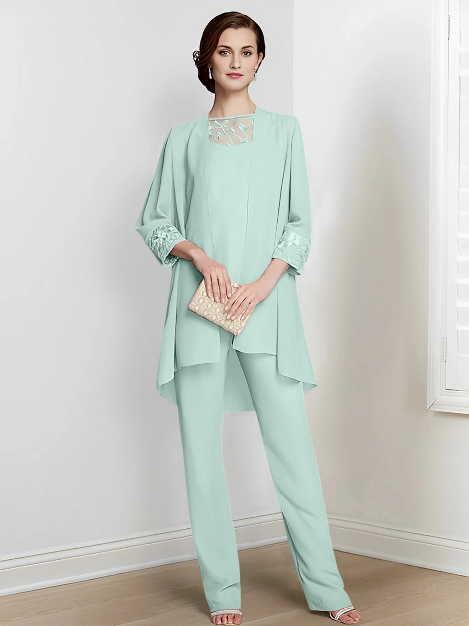 Chiffon Square Neck Long Sleeves Floor-Length Mother Of The Bride Pantsuits With Jacket - Image 55