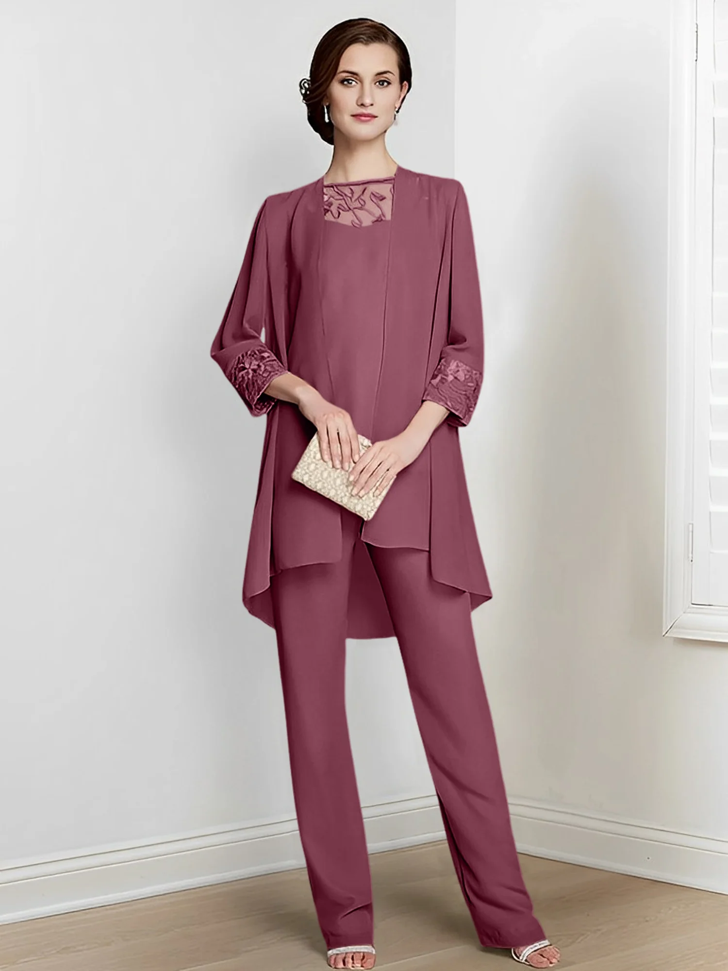 Chiffon Square Neck Long Sleeves Floor-Length Mother Of The Bride Pantsuits With Jacket - Image 56