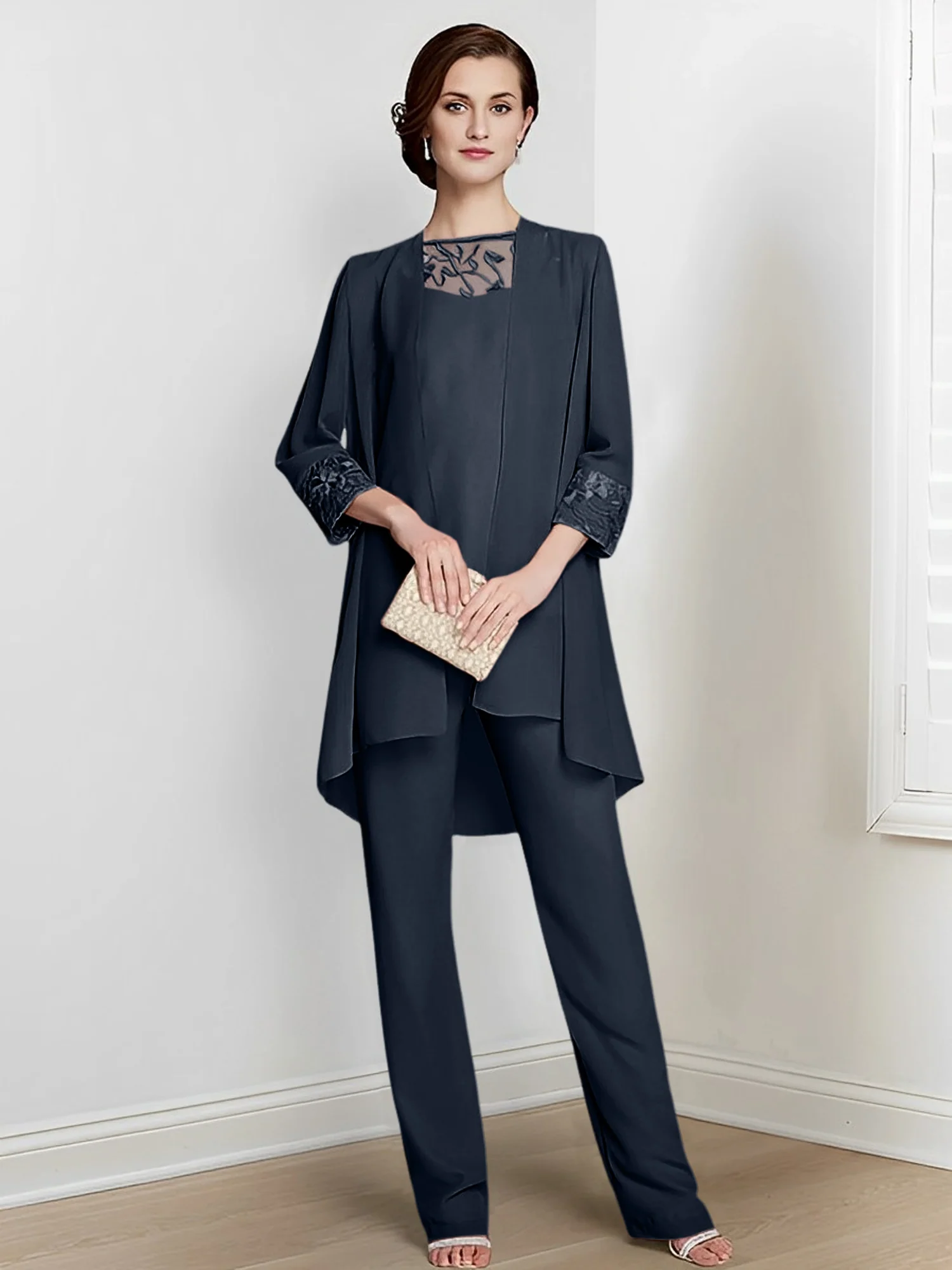 Chiffon Square Neck Long Sleeves Floor-Length Mother Of The Bride Pantsuits With Jacket - Image 58
