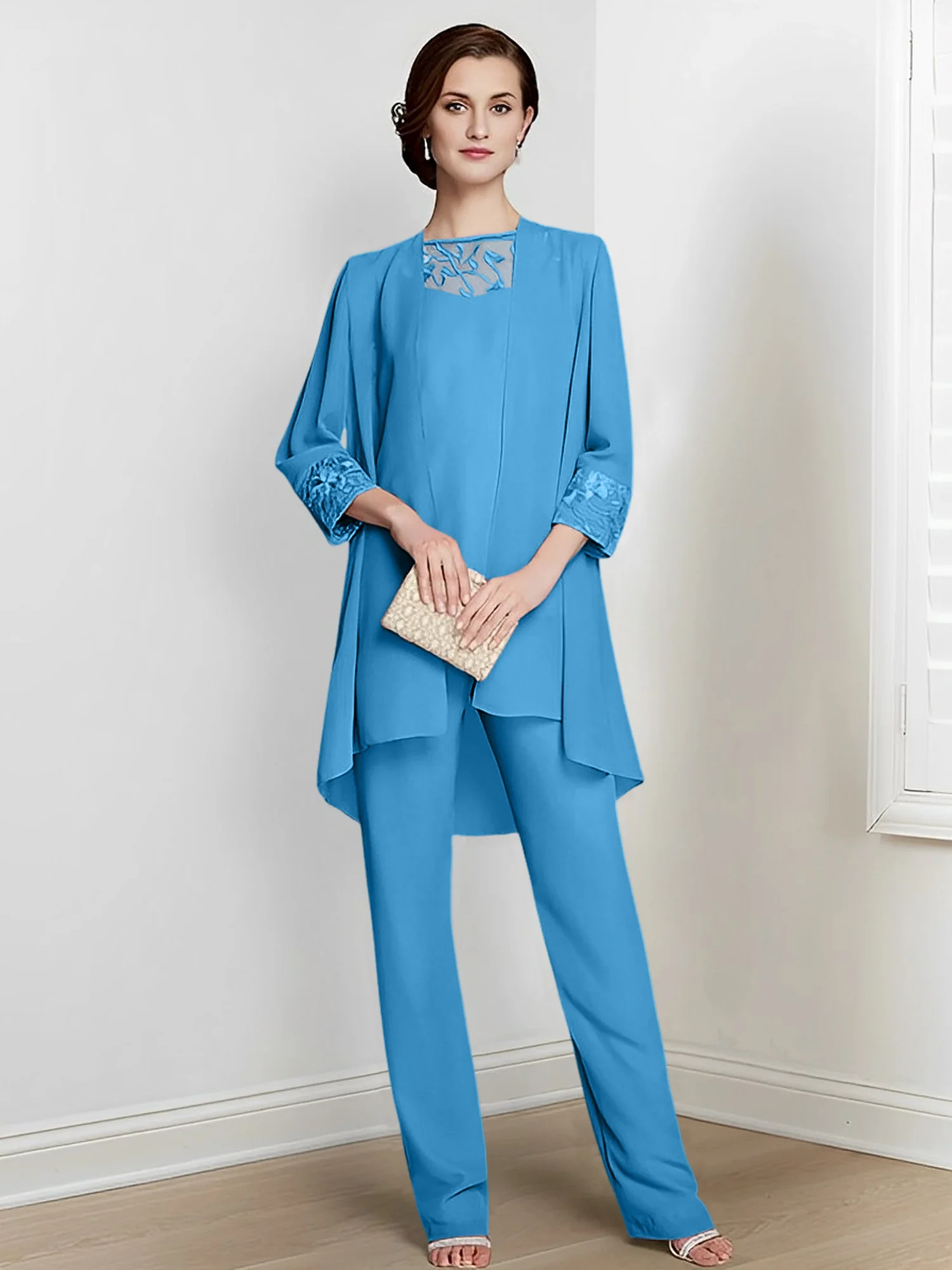 Chiffon Square Neck Long Sleeves Floor-Length Mother Of The Bride Pantsuits With Jacket - Image 59