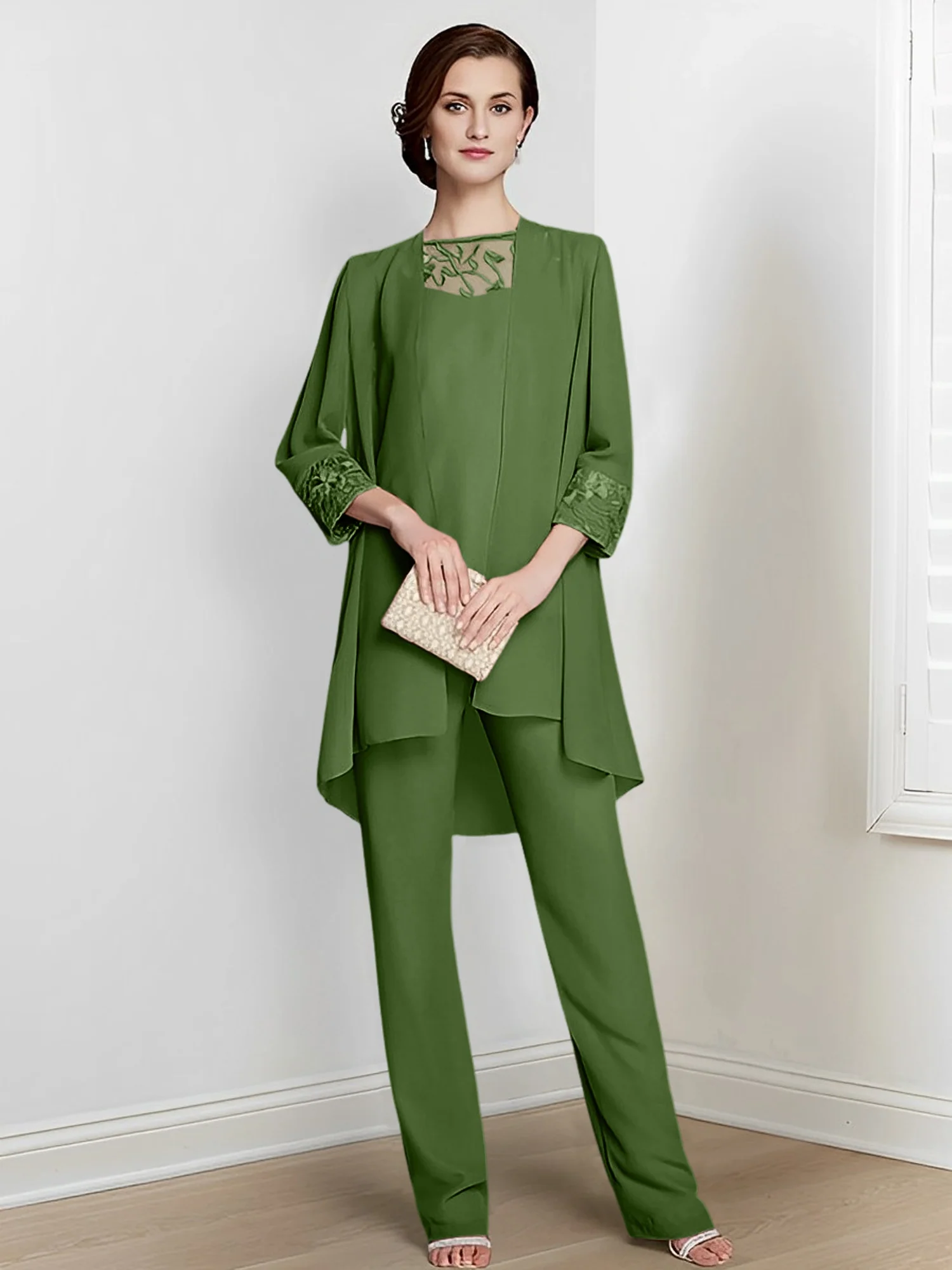 Chiffon Square Neck Long Sleeves Floor-Length Mother Of The Bride Pantsuits With Jacket - Image 61
