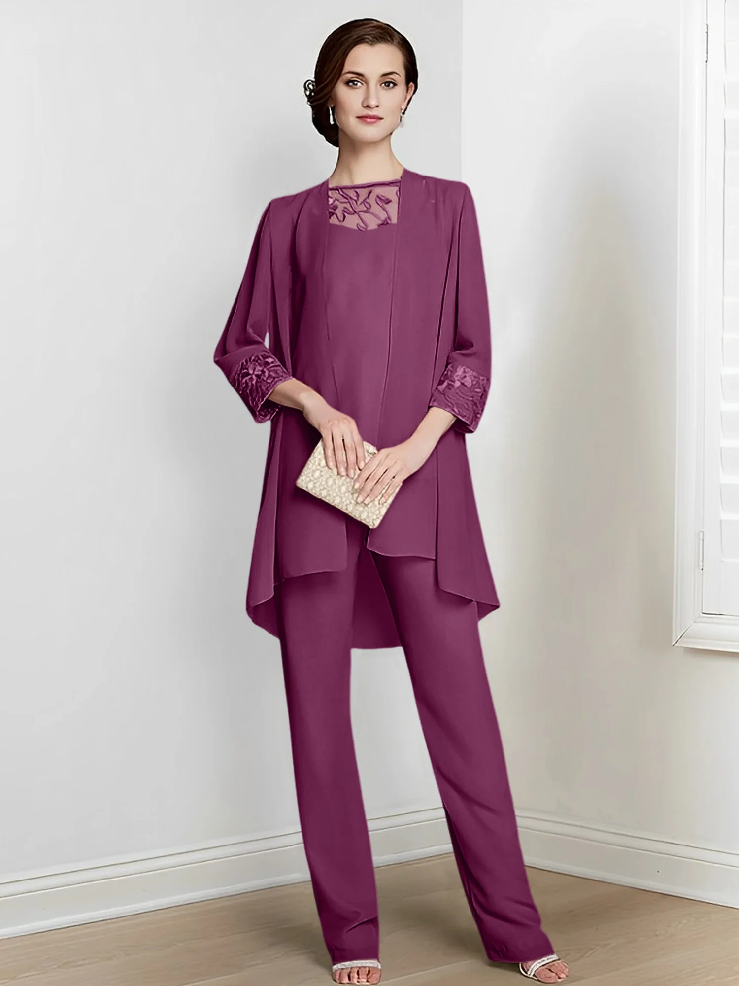Chiffon Square Neck Long Sleeves Floor-Length Mother Of The Bride Pantsuits With Jacket - Image 63