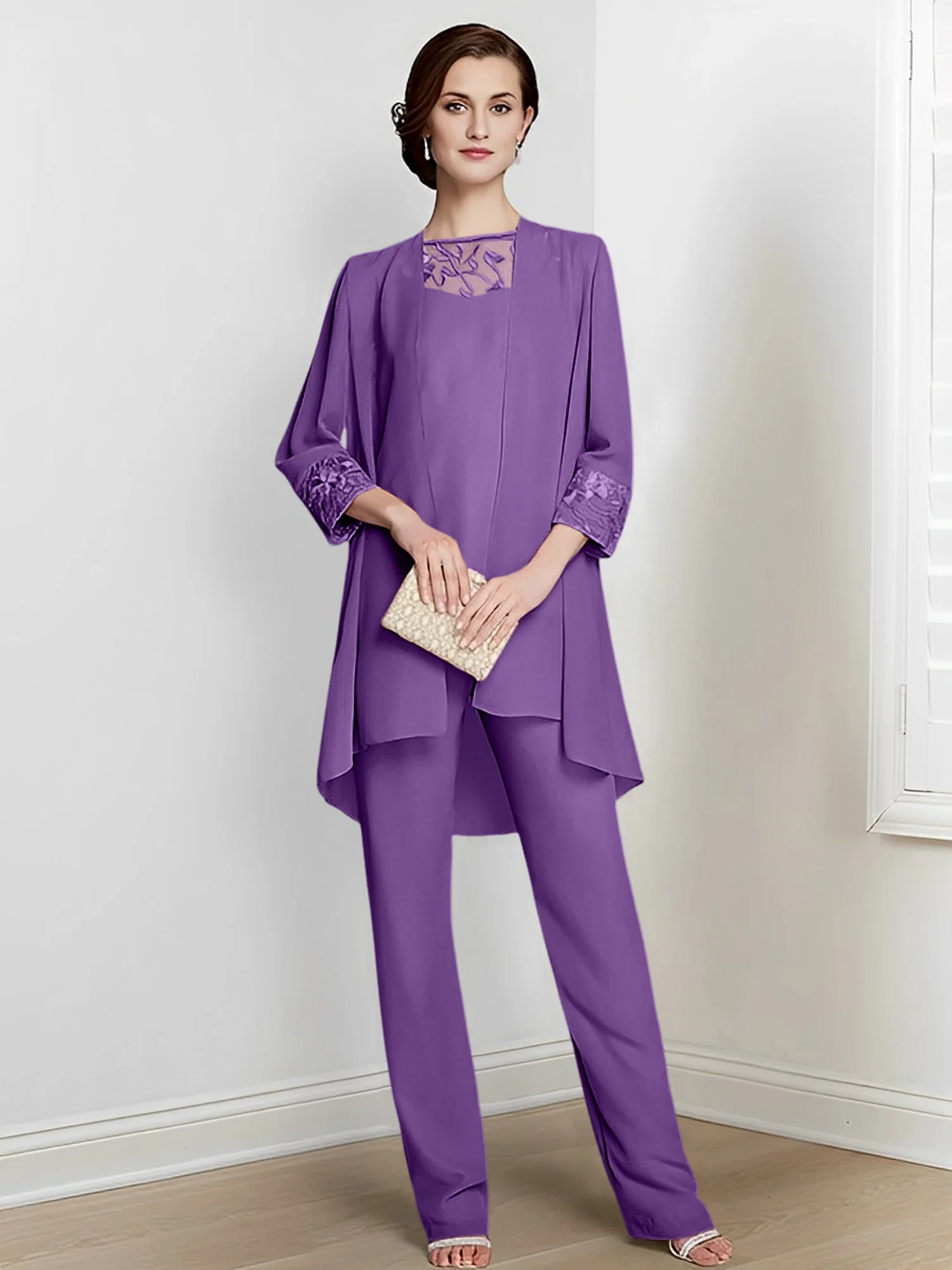 Chiffon Square Neck Long Sleeves Floor-Length Mother Of The Bride Pantsuits With Jacket - Image 67