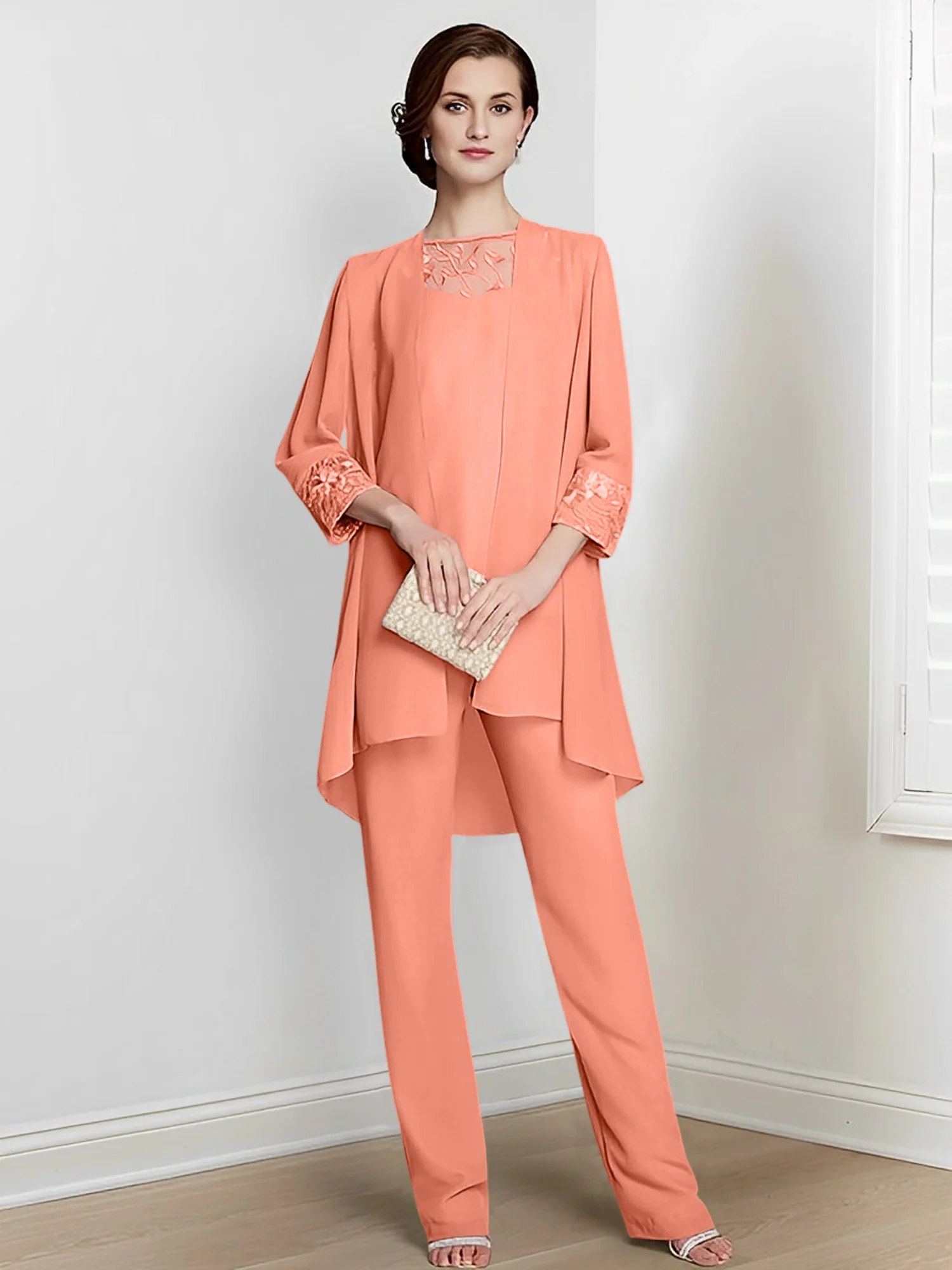 Chiffon Square Neck Long Sleeves Floor-Length Mother Of The Bride Pantsuits With Jacket - Image 69