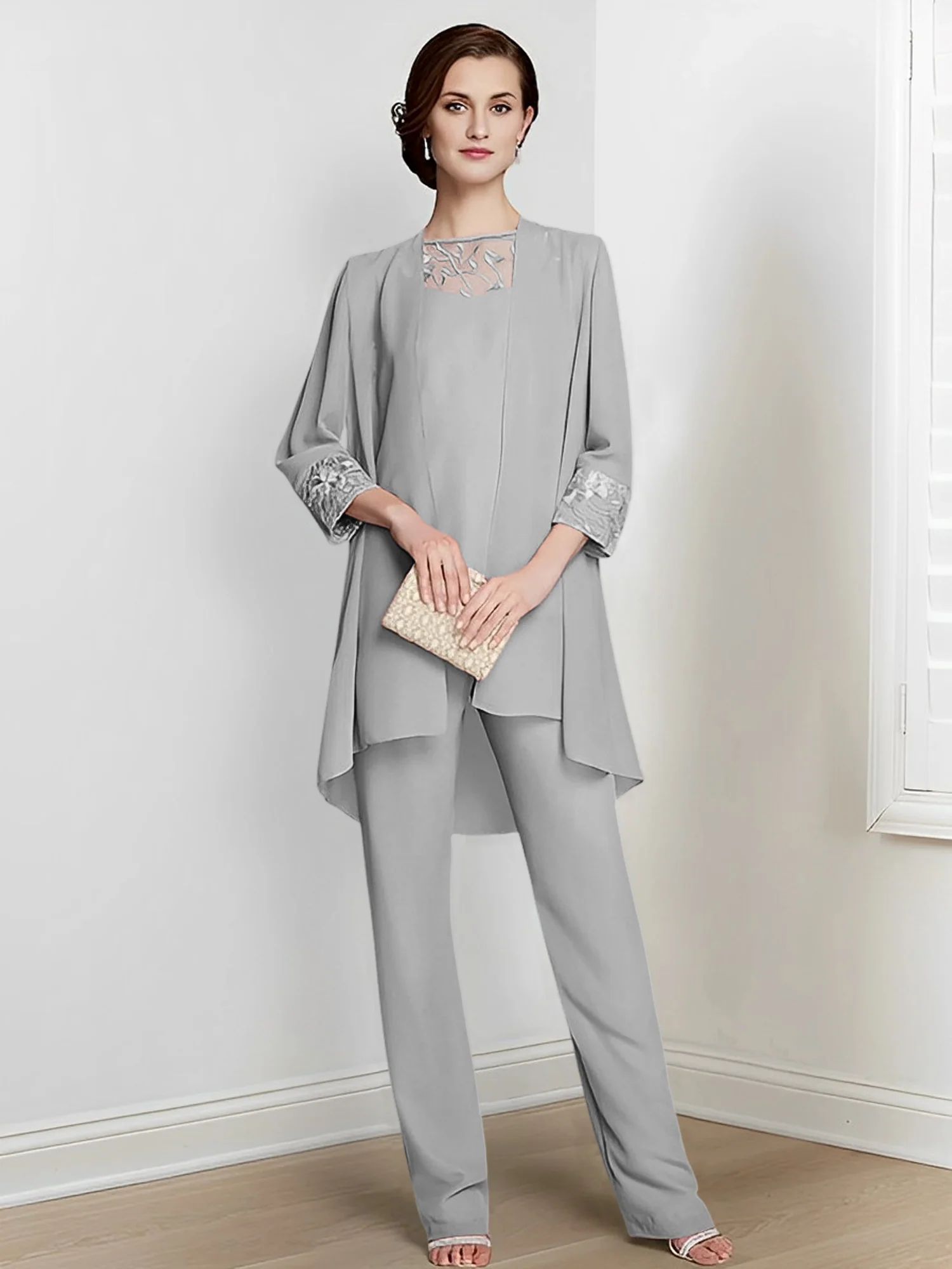 Chiffon Square Neck Long Sleeves Floor-Length Mother Of The Bride Pantsuits With Jacket - Image 70