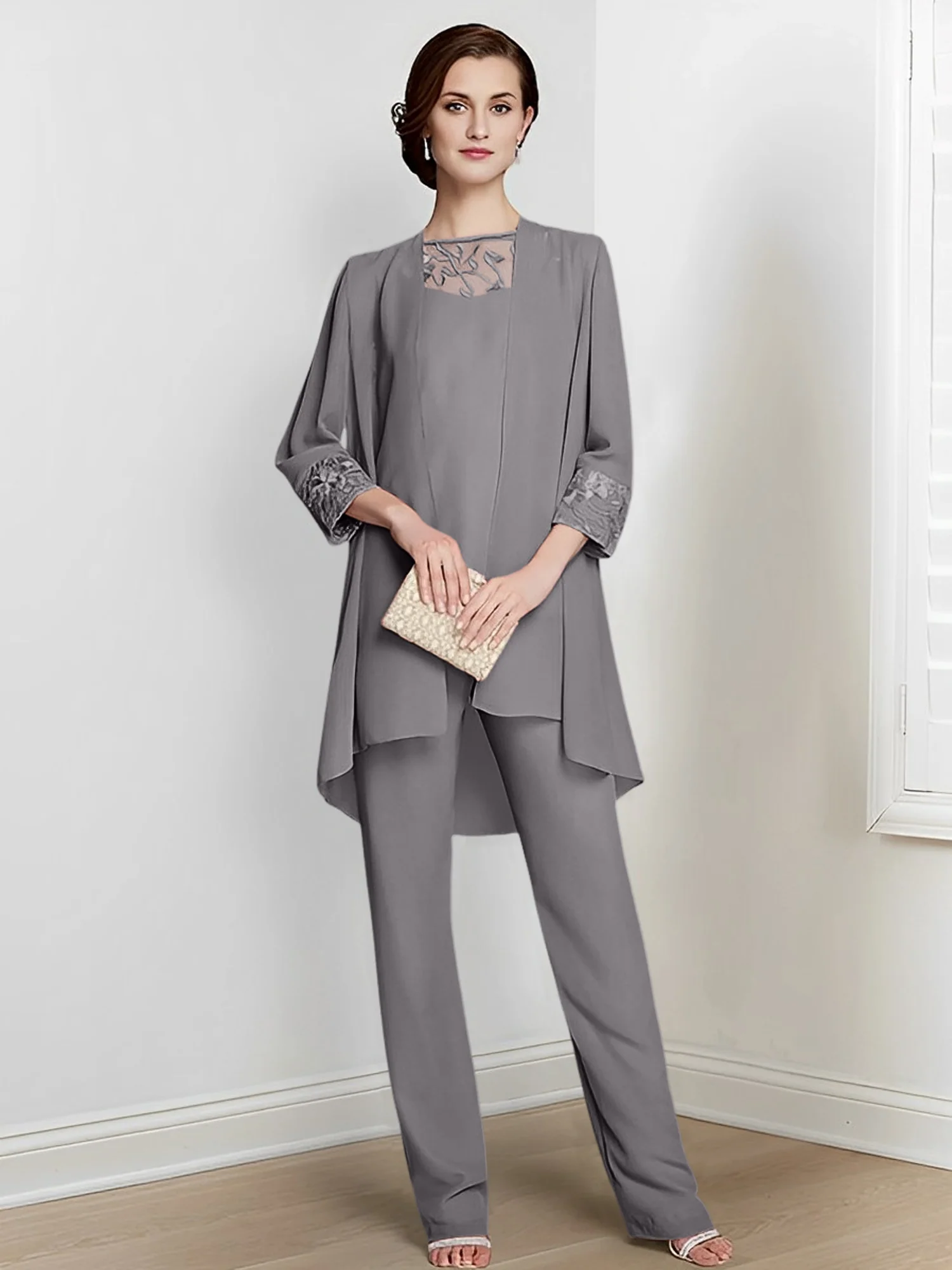 Chiffon Square Neck Long Sleeves Floor-Length Mother Of The Bride Pantsuits With Jacket - Image 71