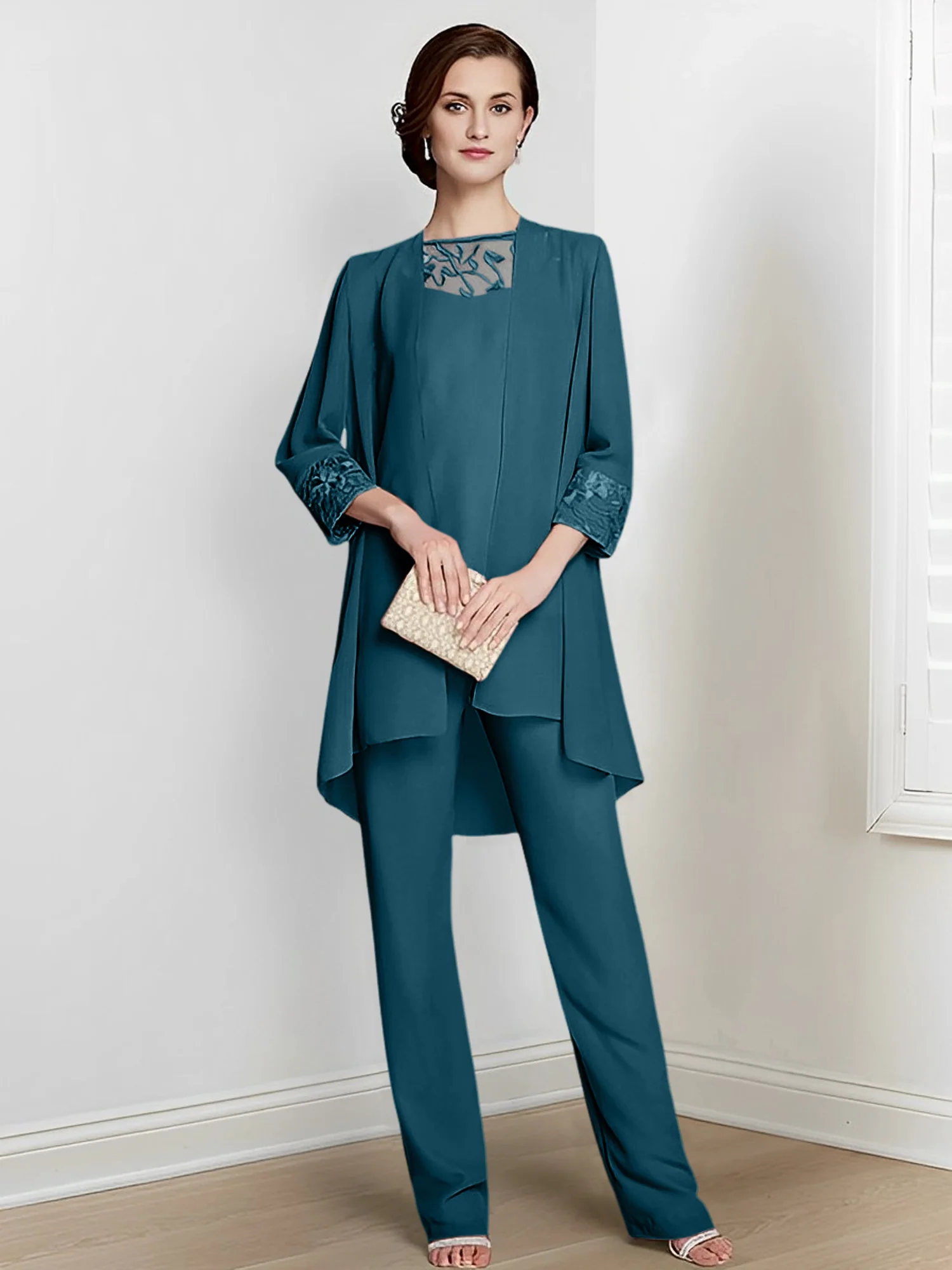 Chiffon Square Neck Long Sleeves Floor-Length Mother Of The Bride Pantsuits With Jacket - Image 74