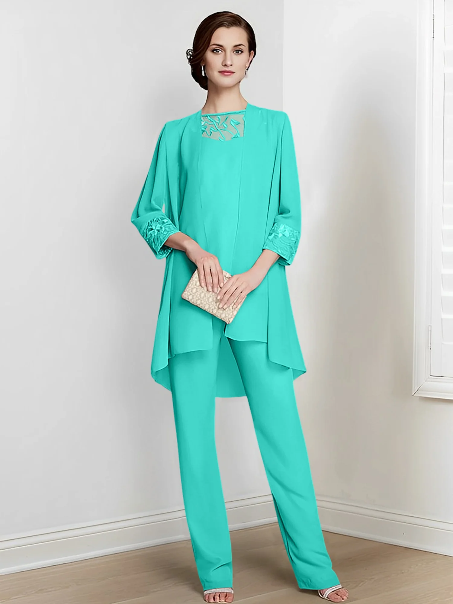 Chiffon Square Neck Long Sleeves Floor-Length Mother Of The Bride Pantsuits With Jacket - Image 75