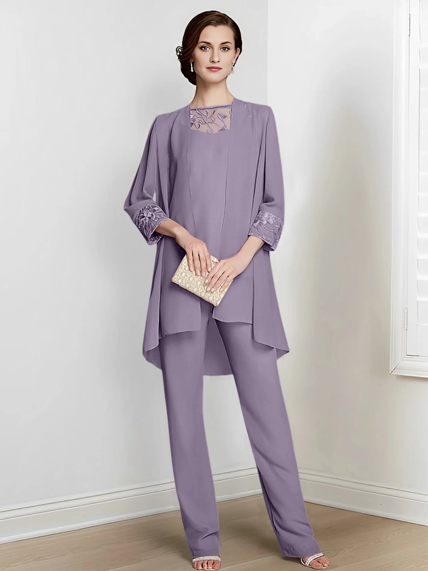 Chiffon Square Neck Long Sleeves Floor-Length Mother Of The Bride Pantsuits With Jacket - Image 78