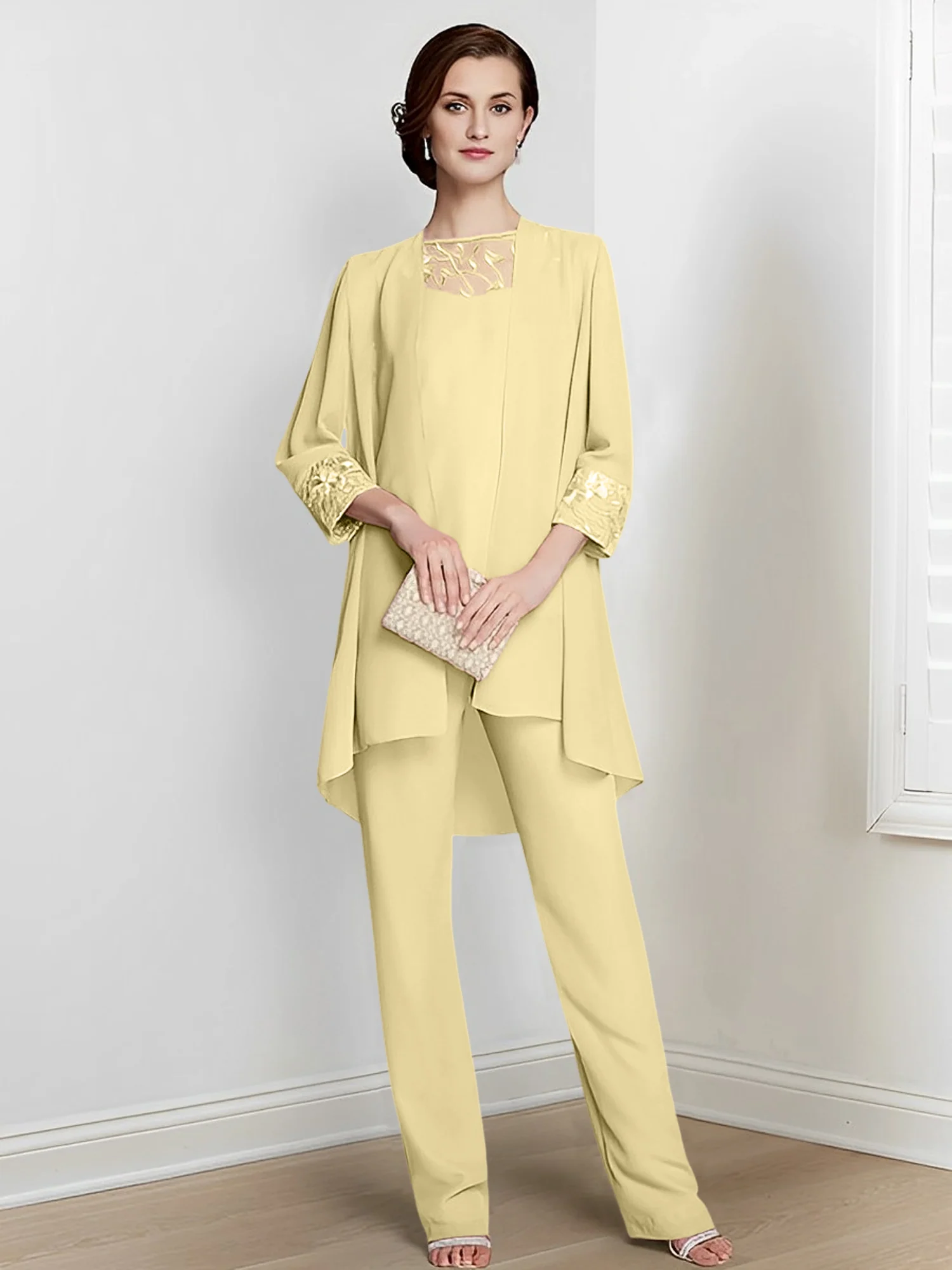 Chiffon Square Neck Long Sleeves Floor-Length Mother Of The Bride Pantsuits With Jacket - Image 79