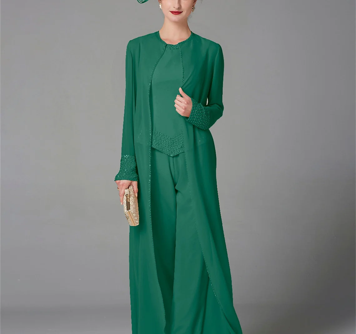 Chiffon Long Sleeves Mother of the Bride Pantsuits with Jacket & Sequins - Image 11
