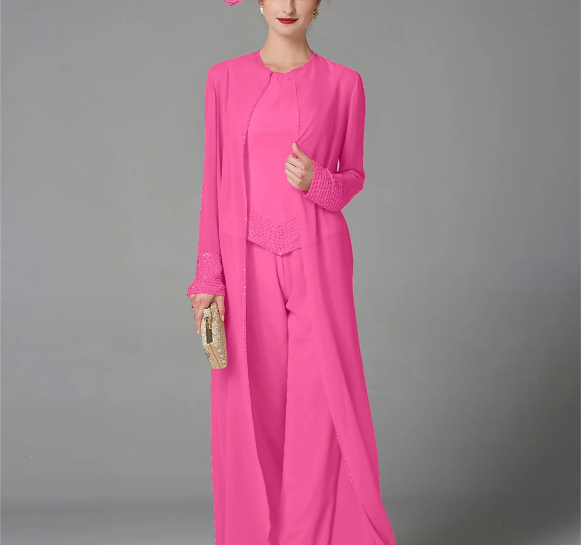 Chiffon Long Sleeves Mother of the Bride Pantsuits with Jacket & Sequins - Image 14