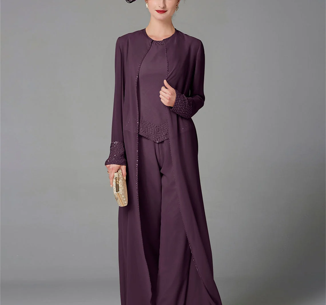 Chiffon Long Sleeves Mother of the Bride Pantsuits with Jacket & Sequins - Image 16