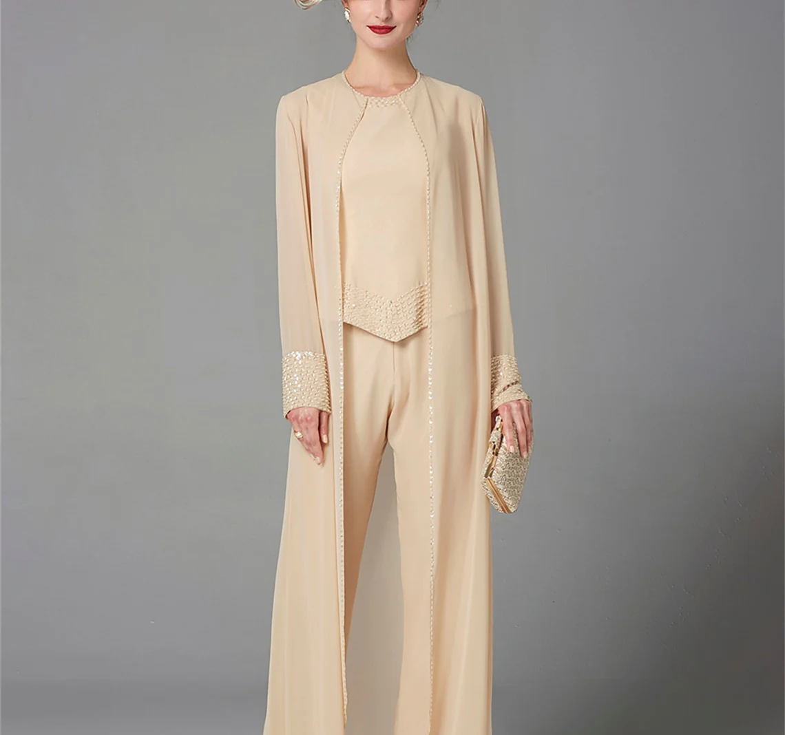 Chiffon Long Sleeves Mother of the Bride Pantsuits with Jacket & Sequins - Image 17