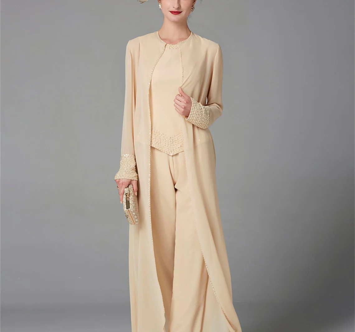 Chiffon Long Sleeves Mother of the Bride Pantsuits with Jacket & Sequins - Image 30