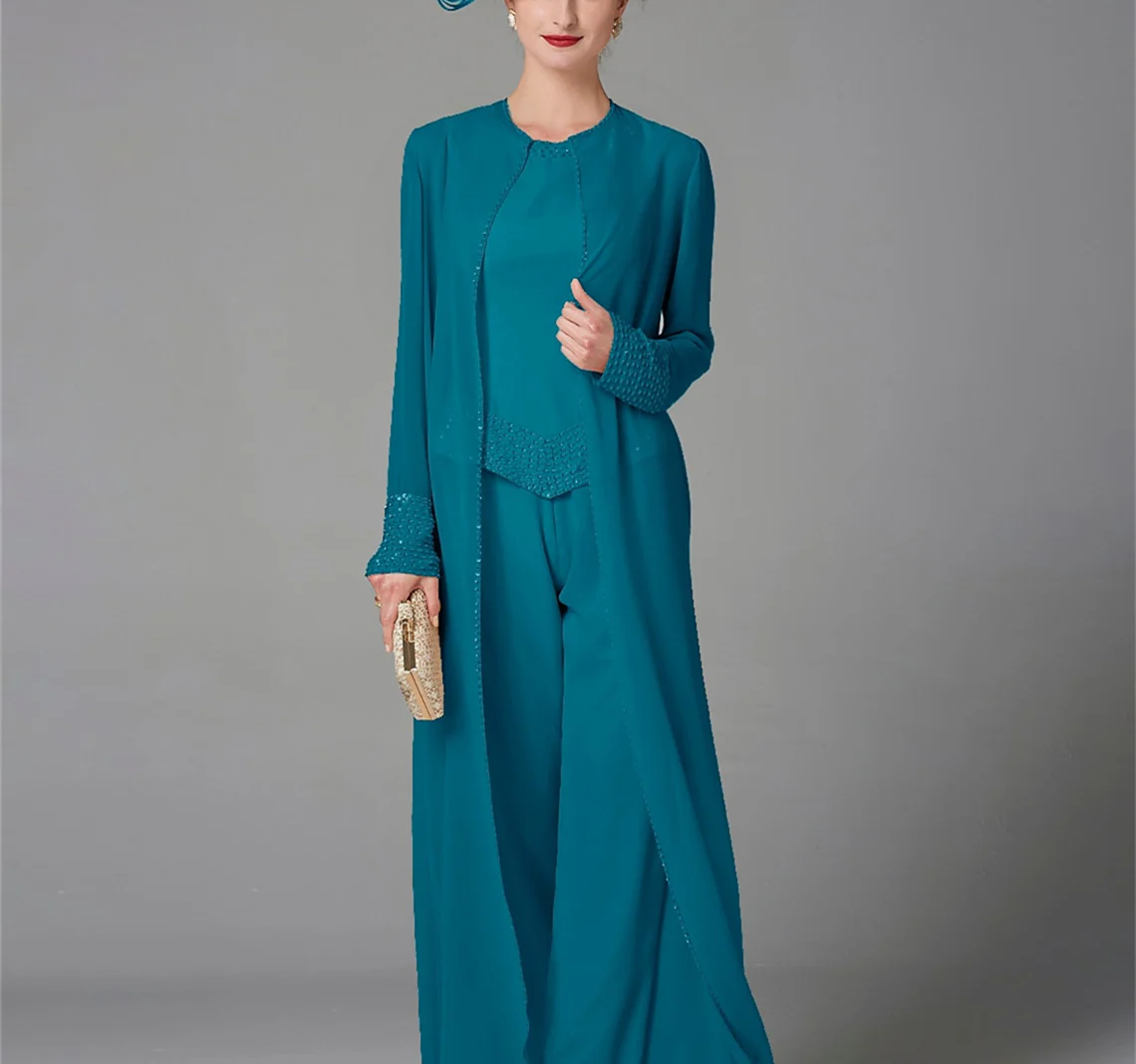Chiffon Long Sleeves Mother of the Bride Pantsuits with Jacket & Sequins - Image 31