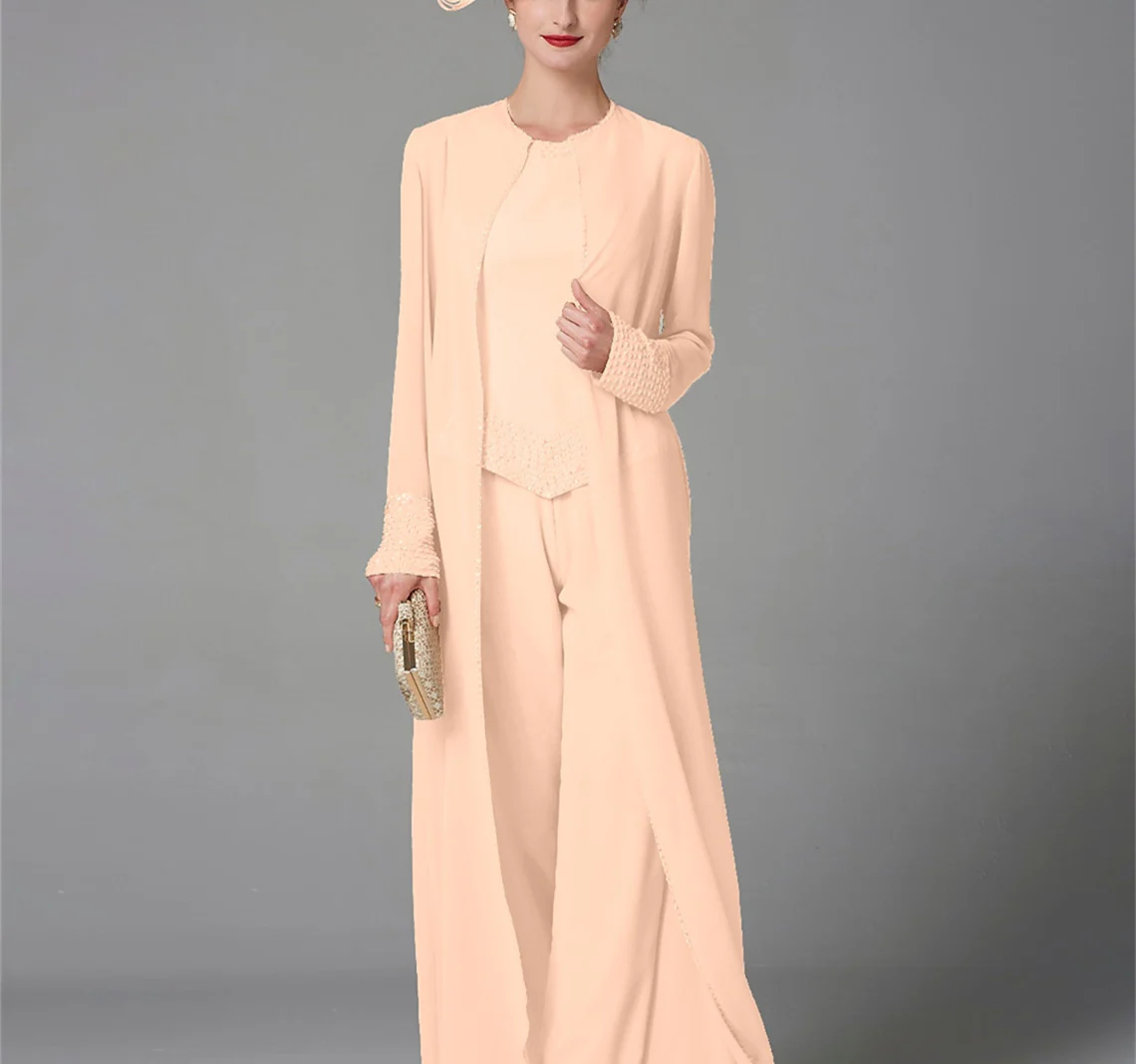 Chiffon Long Sleeves Mother of the Bride Pantsuits with Jacket & Sequins - Image 36