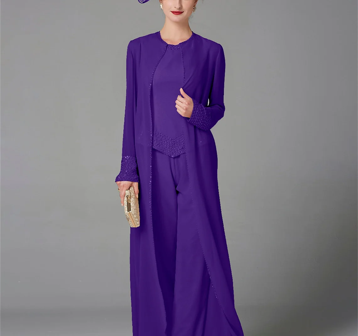 Chiffon Long Sleeves Mother of the Bride Pantsuits with Jacket & Sequins - Image 39