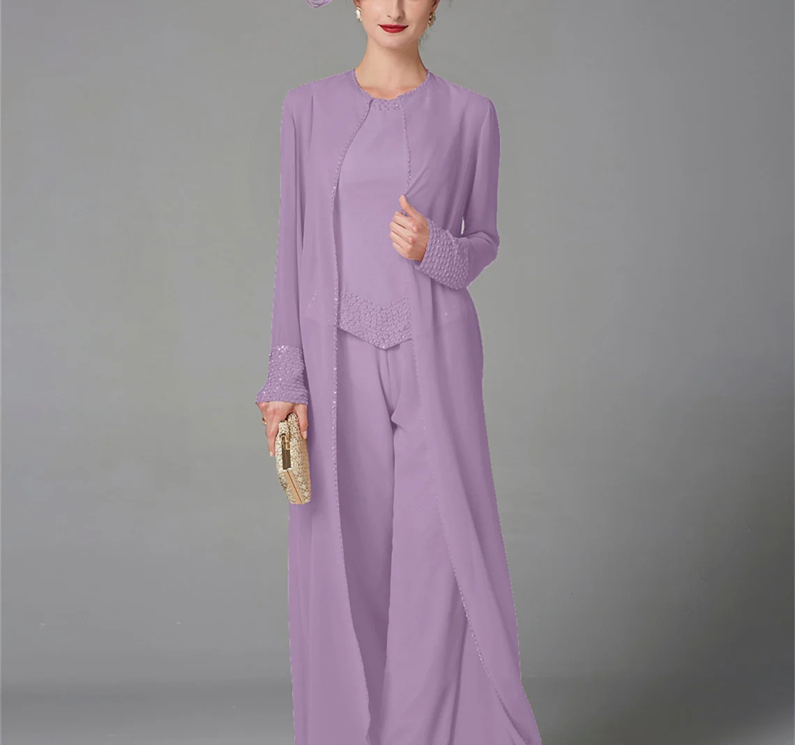 Chiffon Long Sleeves Mother of the Bride Pantsuits with Jacket & Sequins - Image 42