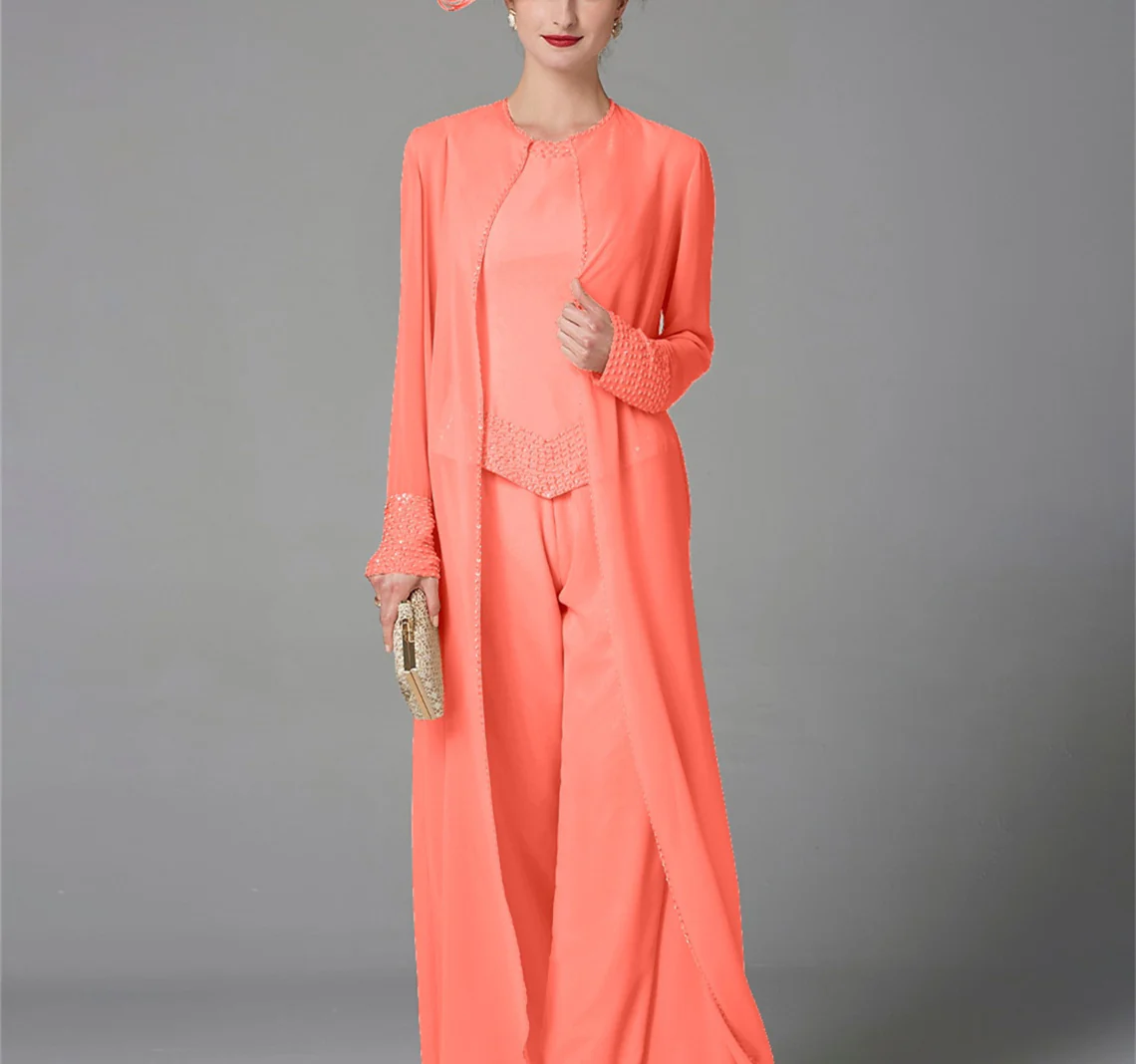 Chiffon Long Sleeves Mother of the Bride Pantsuits with Jacket & Sequins - Image 43