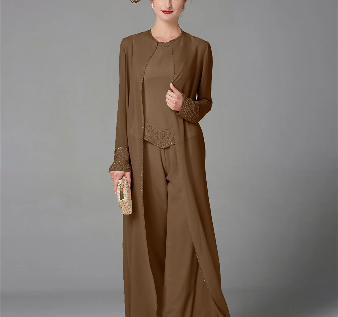 Chiffon Long Sleeves Mother of the Bride Pantsuits with Jacket & Sequins - Image 5