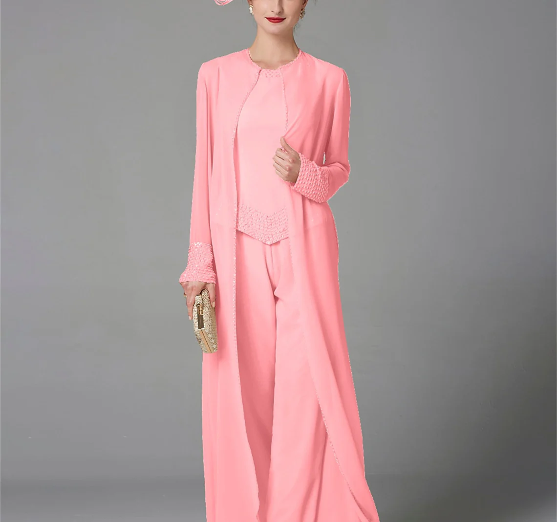 Chiffon Long Sleeves Mother of the Bride Pantsuits with Jacket & Sequins - Image 6