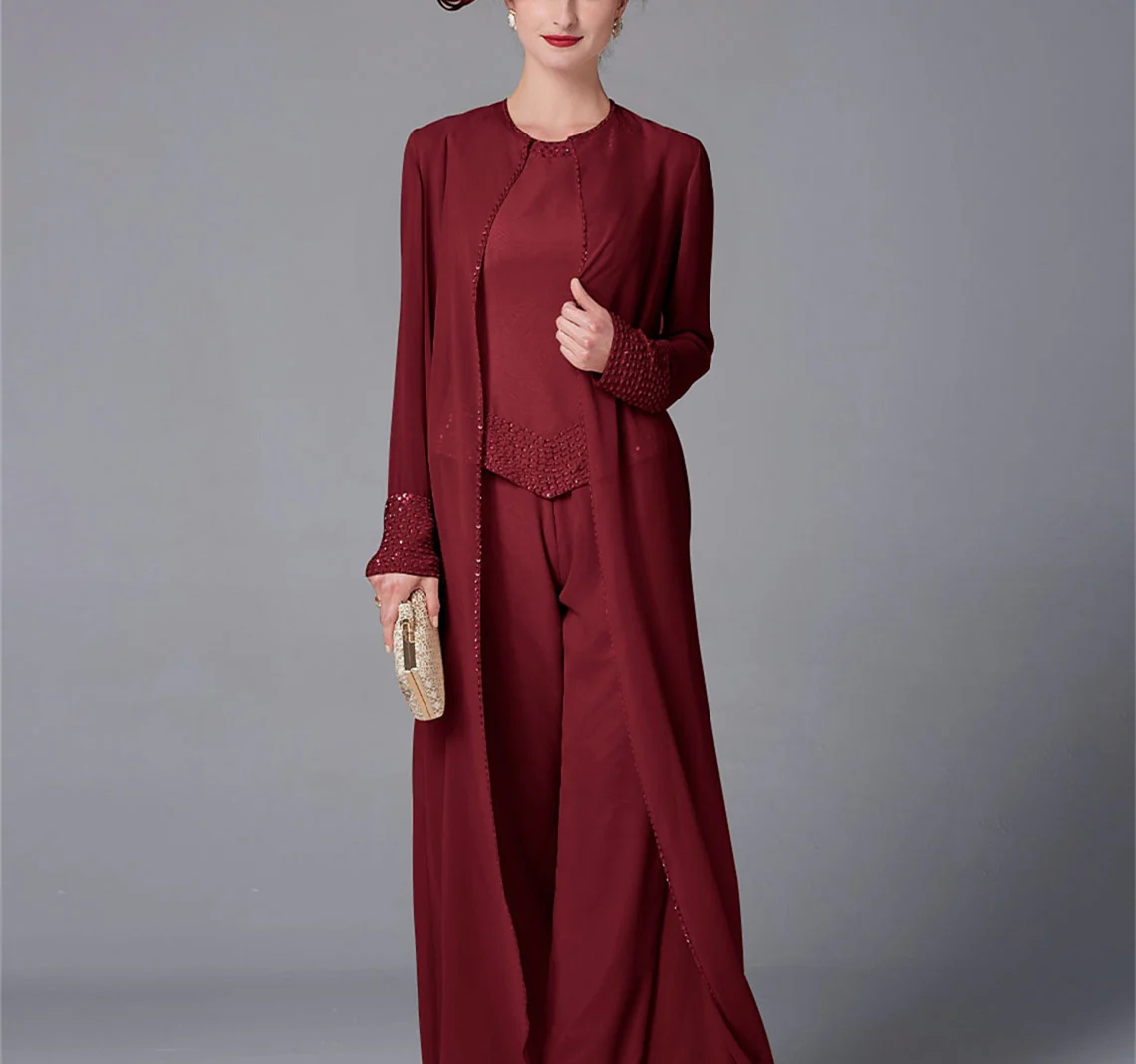 Chiffon Long Sleeves Mother of the Bride Pantsuits with Jacket & Sequins - Image 7