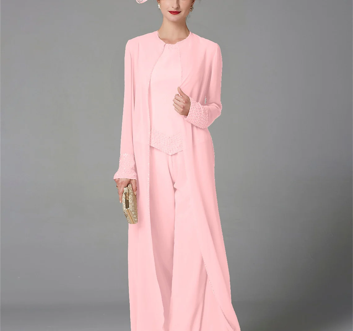 Chiffon Long Sleeves Mother of the Bride Pantsuits with Jacket & Sequins - Image 8