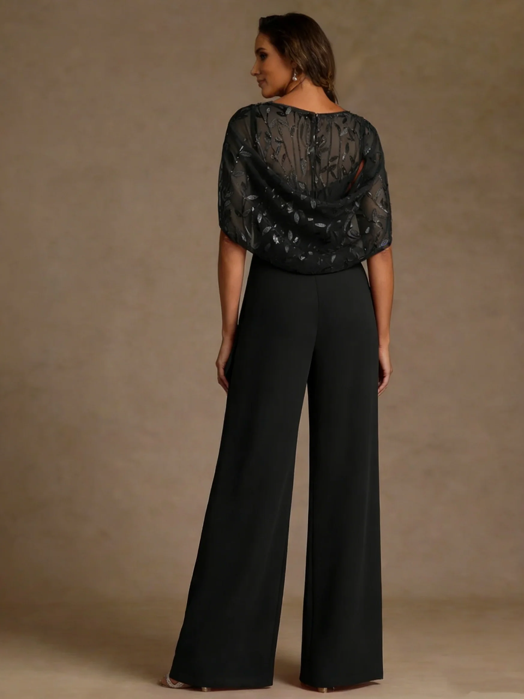 Chiffon Mother of the Bride Jumpsuits Scoop Lace Floor-Length Cape Sleeves - Image 2