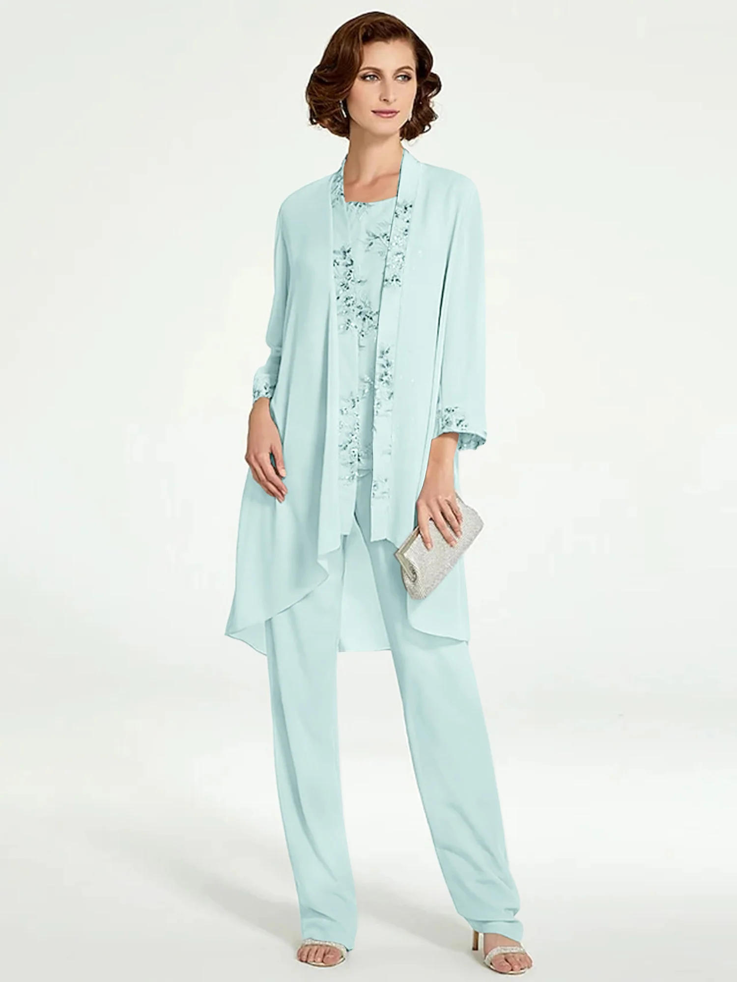 Chiffon Round Neck Floor-Length Mother of the Bride Pantsuits with Jacket - Image 48