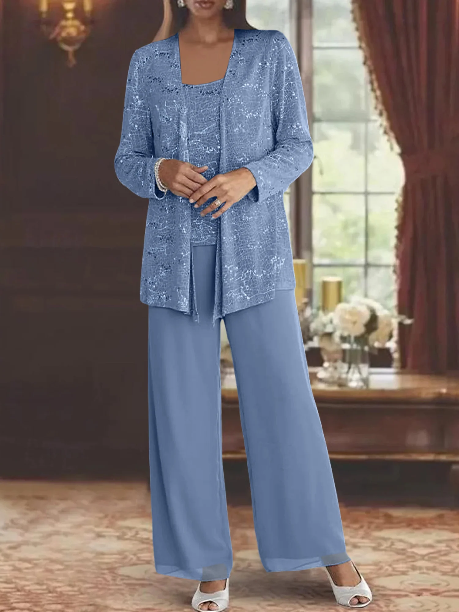Chiffon Mother of the Bride Pantsuits with Jacket & Sequins - Image 10