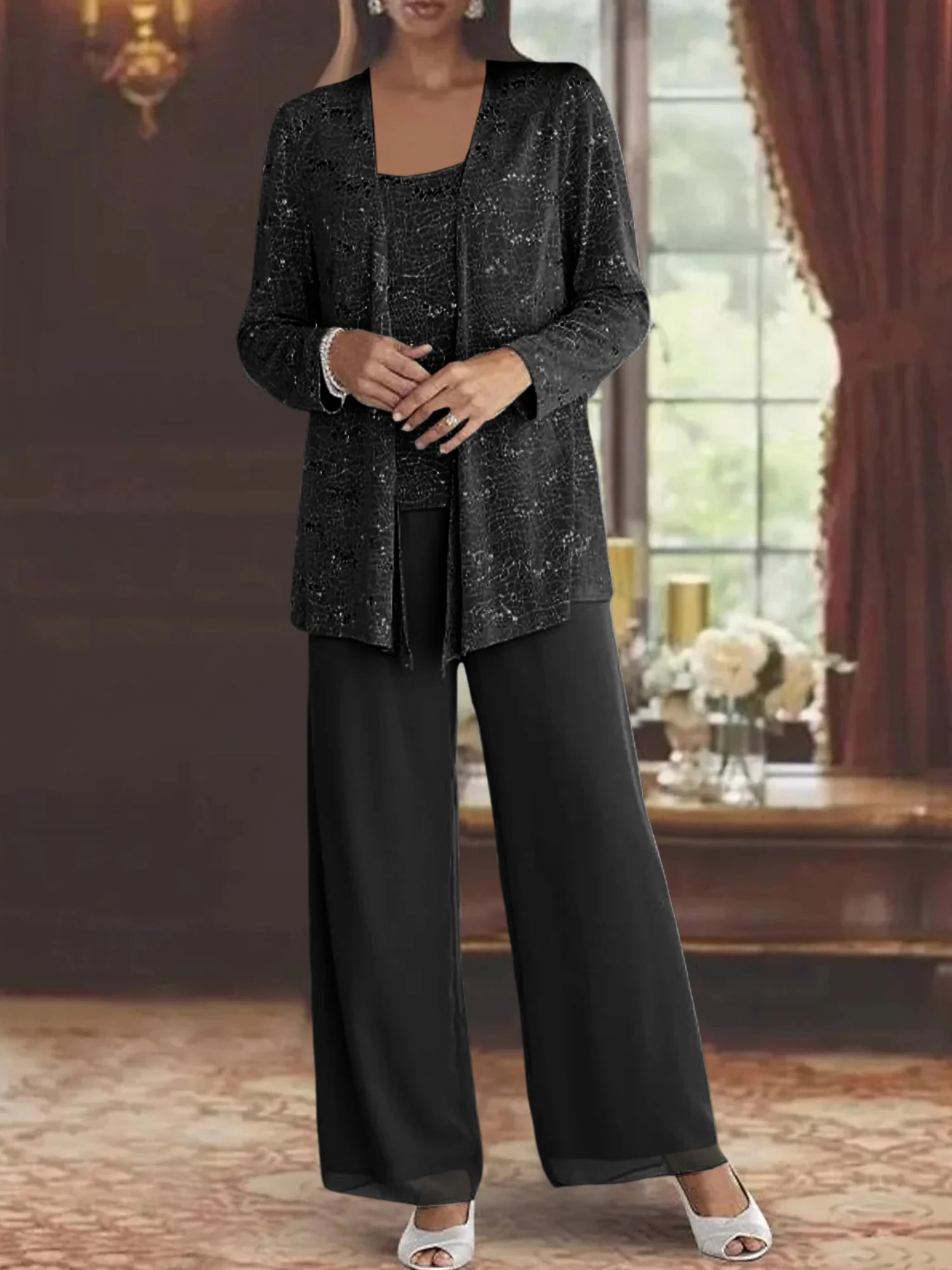 Chiffon Mother of the Bride Pantsuits with Jacket & Sequins - Image 11