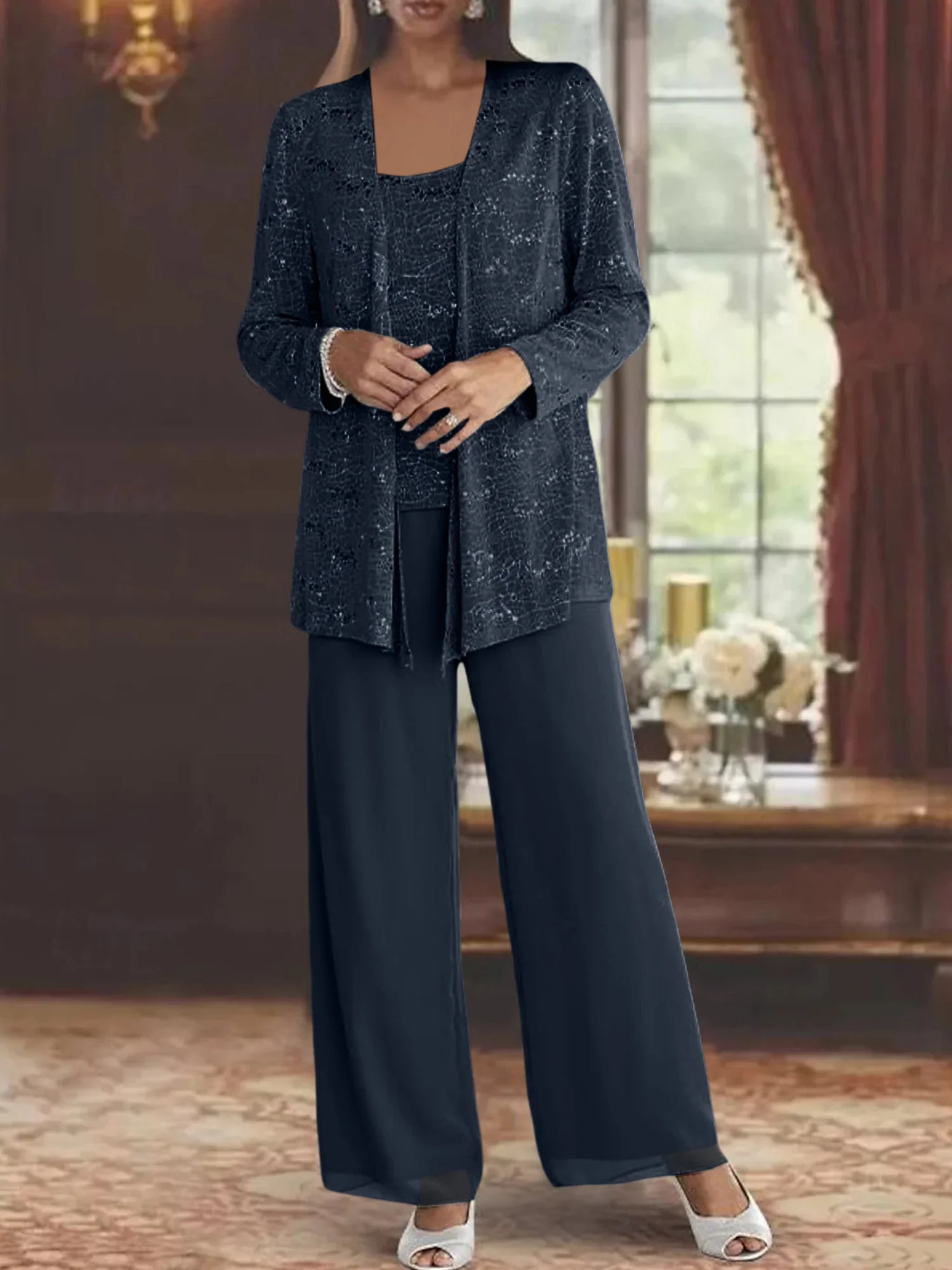 Chiffon Mother of the Bride Pantsuits with Jacket & Sequins - Image 12