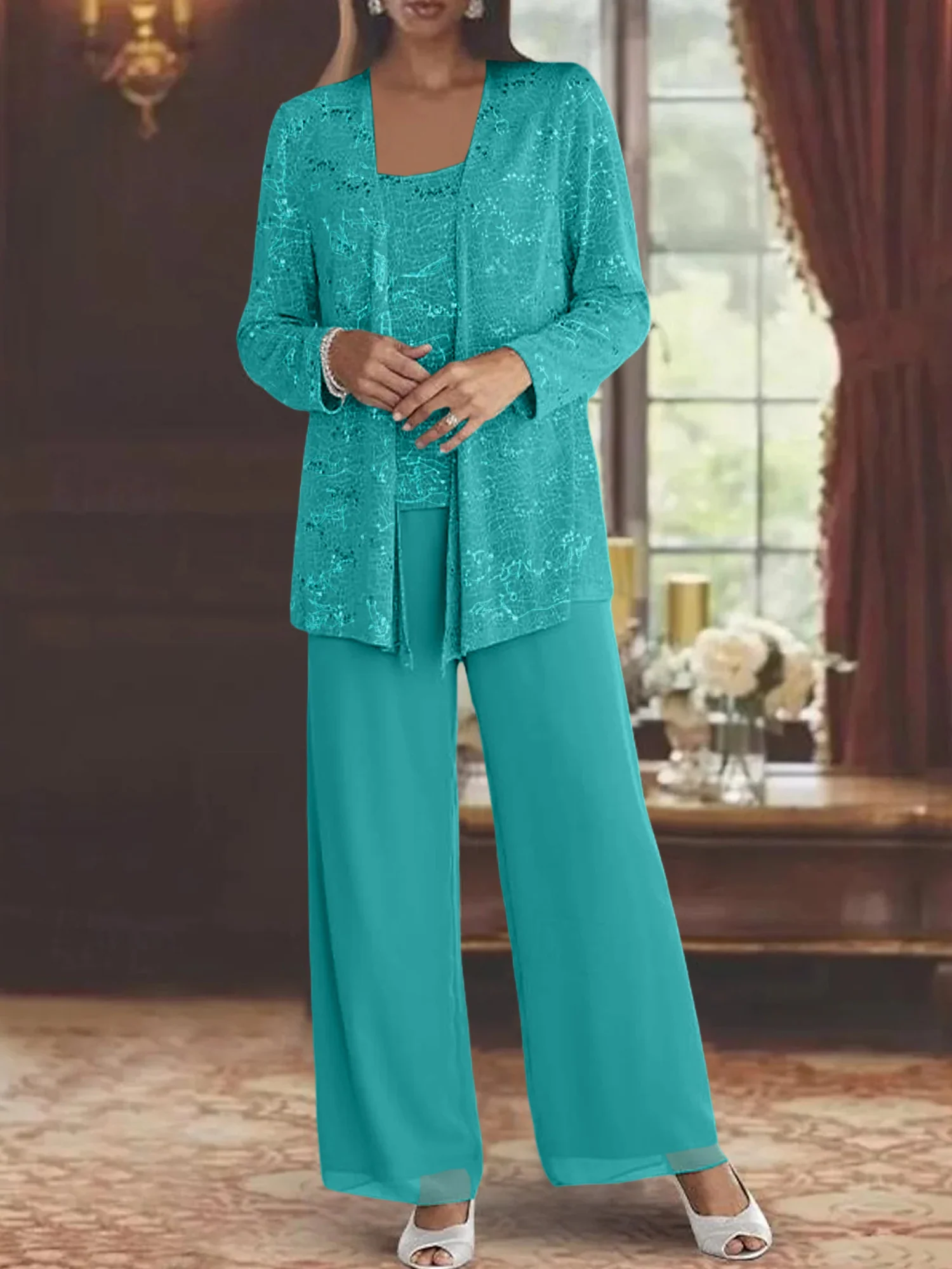 Chiffon Mother of the Bride Pantsuits with Jacket & Sequins - Image 13