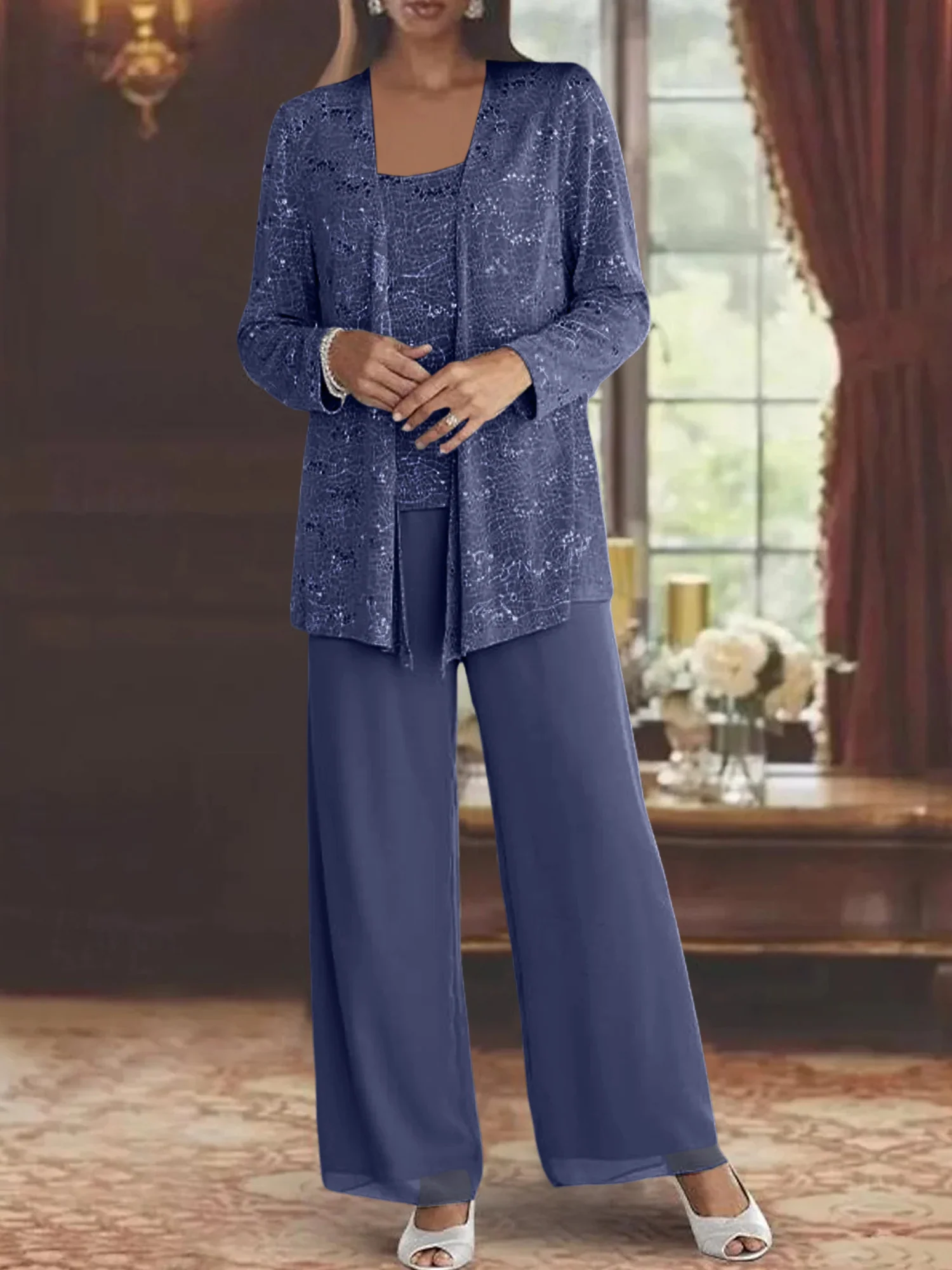Chiffon Mother of the Bride Pantsuits with Jacket & Sequins - Image 14