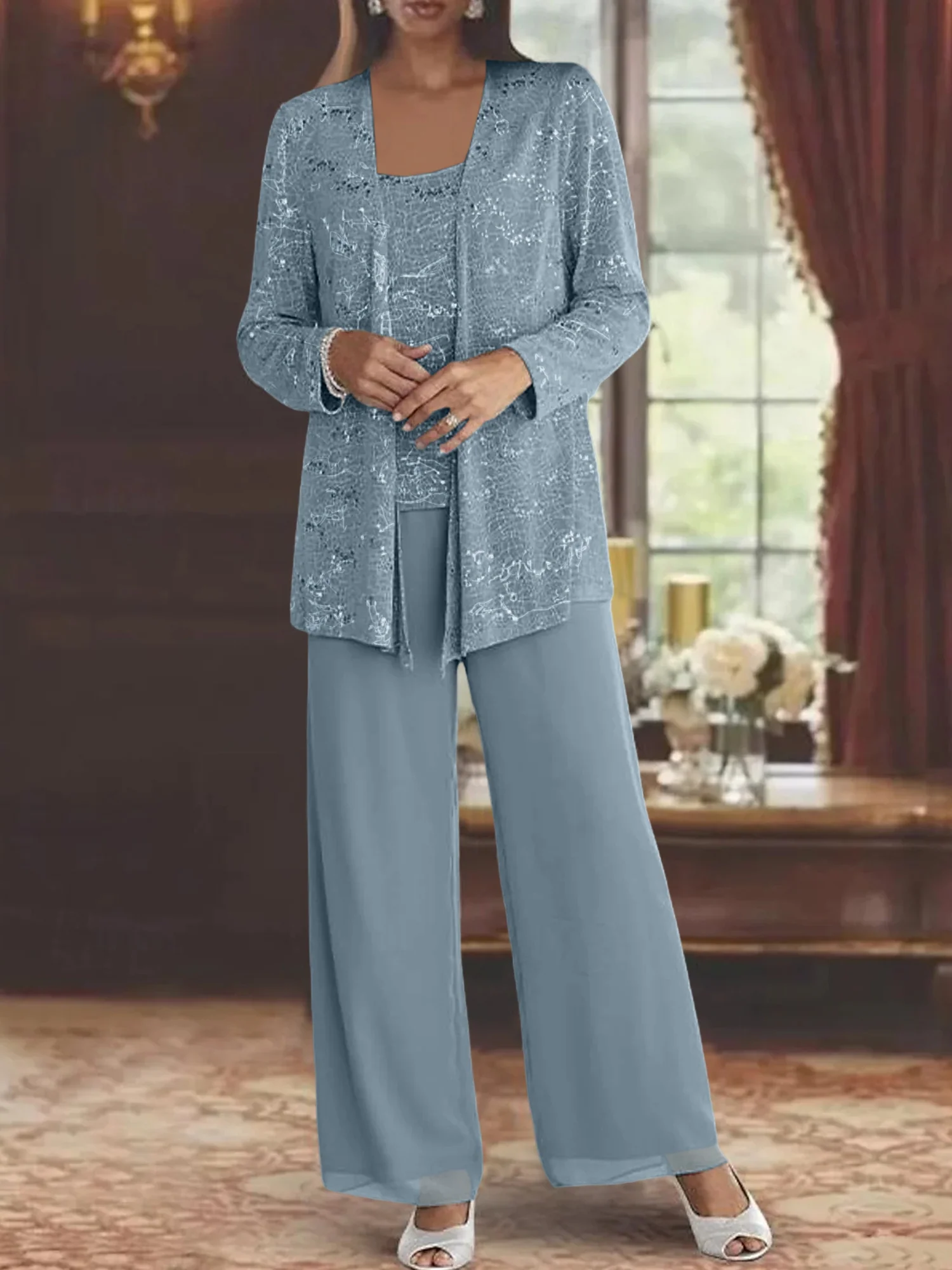Chiffon Mother of the Bride Pantsuits with Jacket & Sequins - Image 16