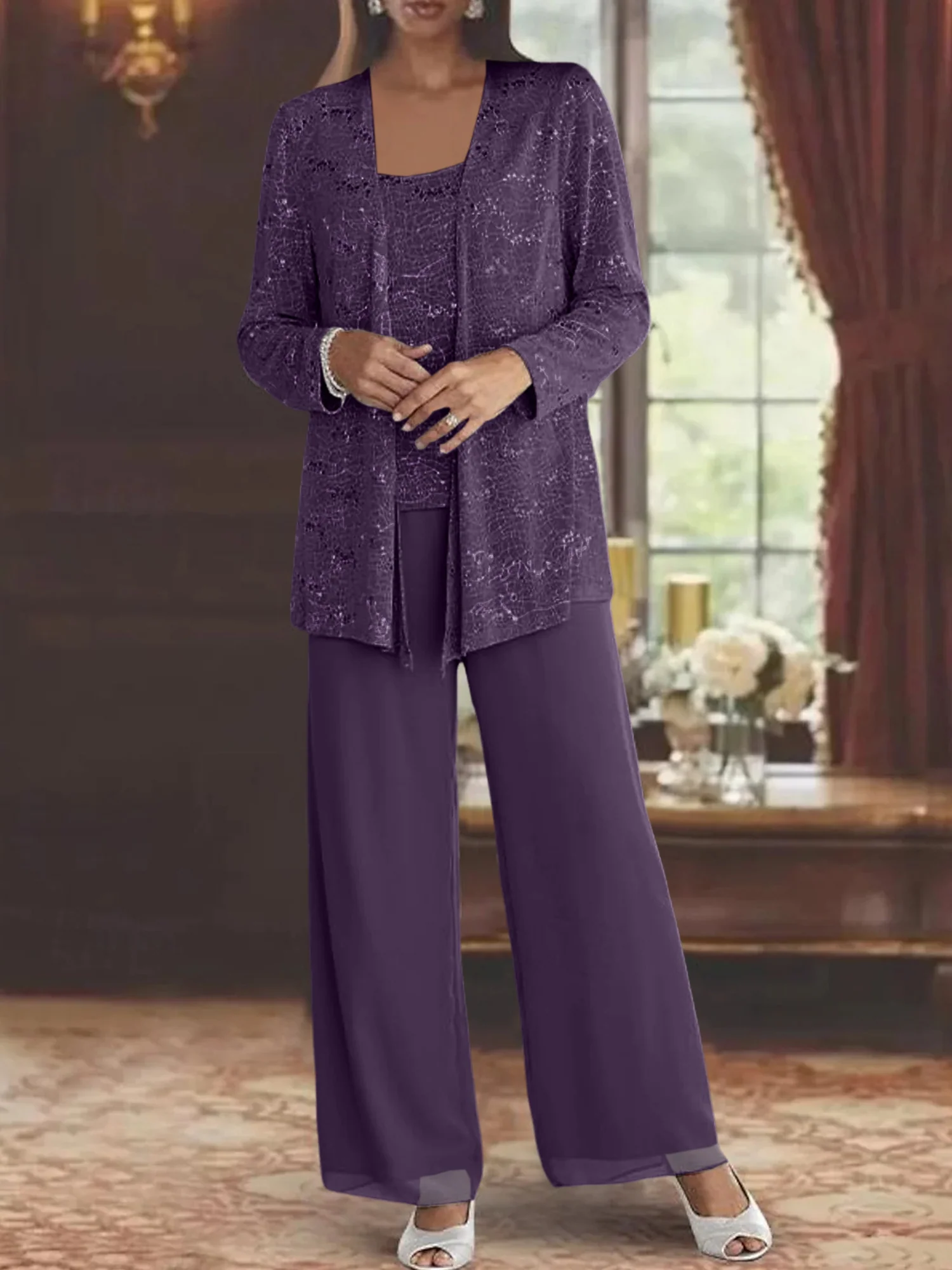 Chiffon Mother of the Bride Pantsuits with Jacket & Sequins - Image 17