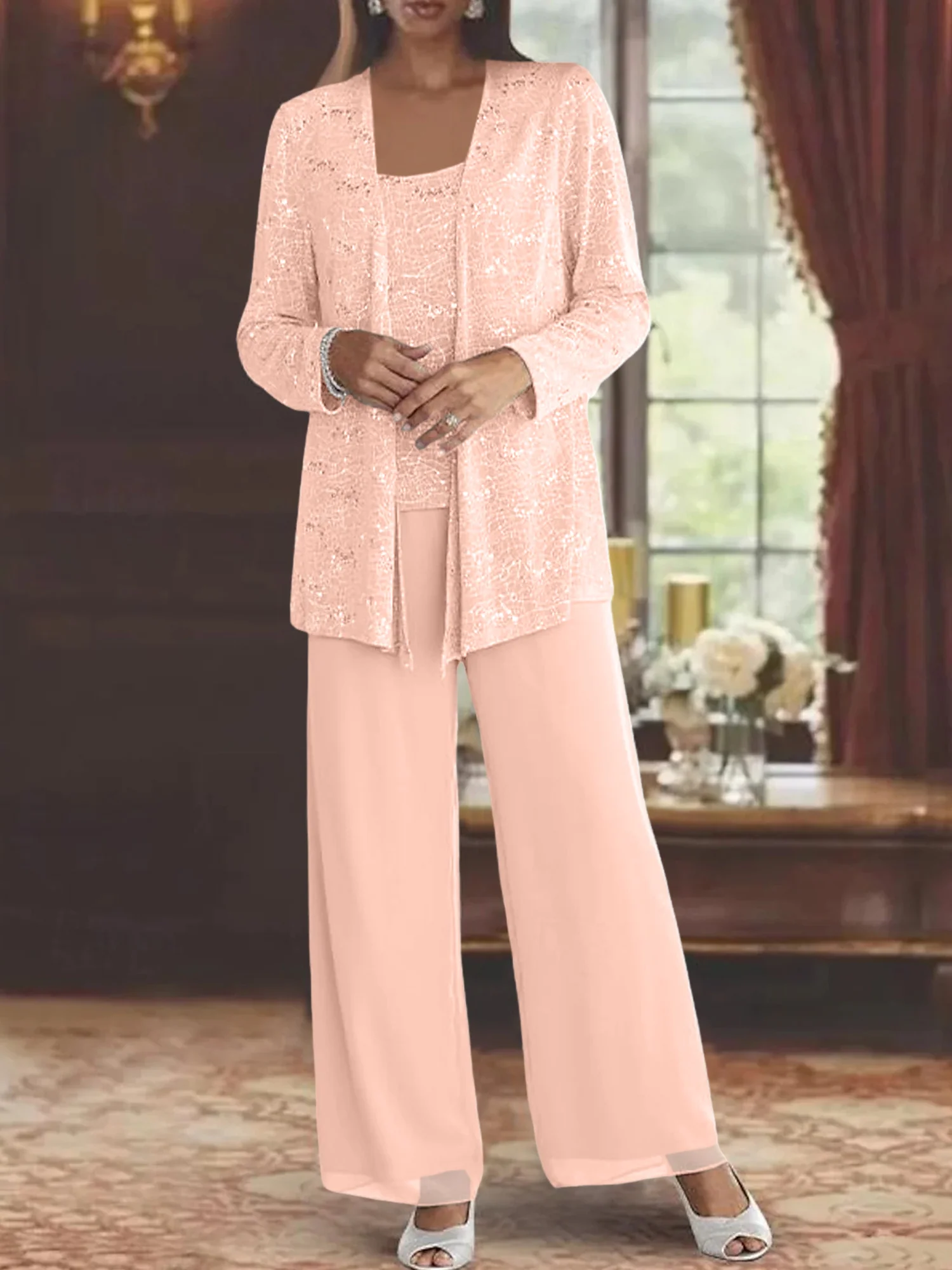 Chiffon Mother of the Bride Pantsuits with Jacket & Sequins - Image 19